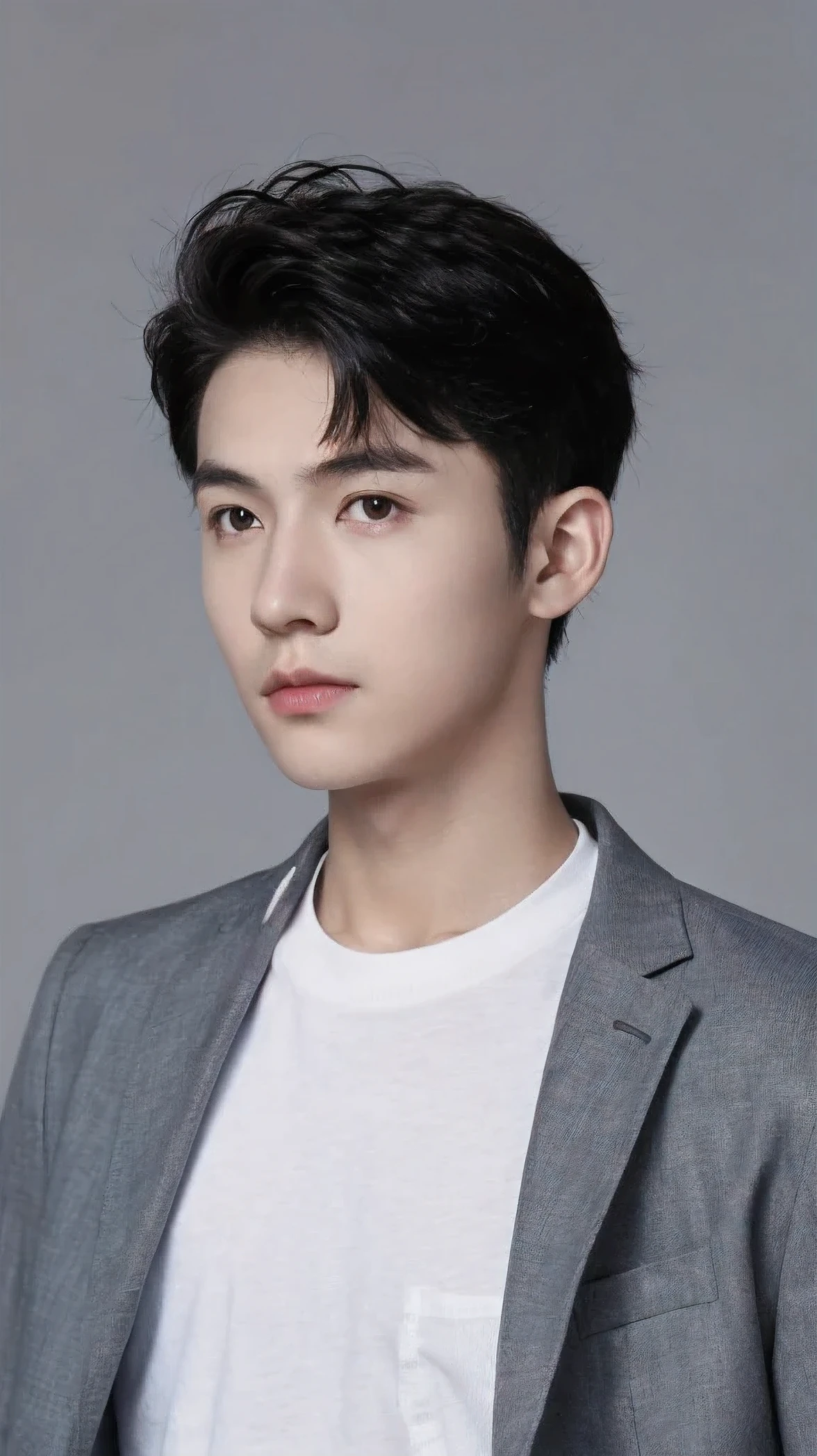Atmospheric Boy,In one pocket is a school bag, gray clothes, realistic textured skin, looking at camera busts, photos, realistic photos of black hair, high-quality picture effects
