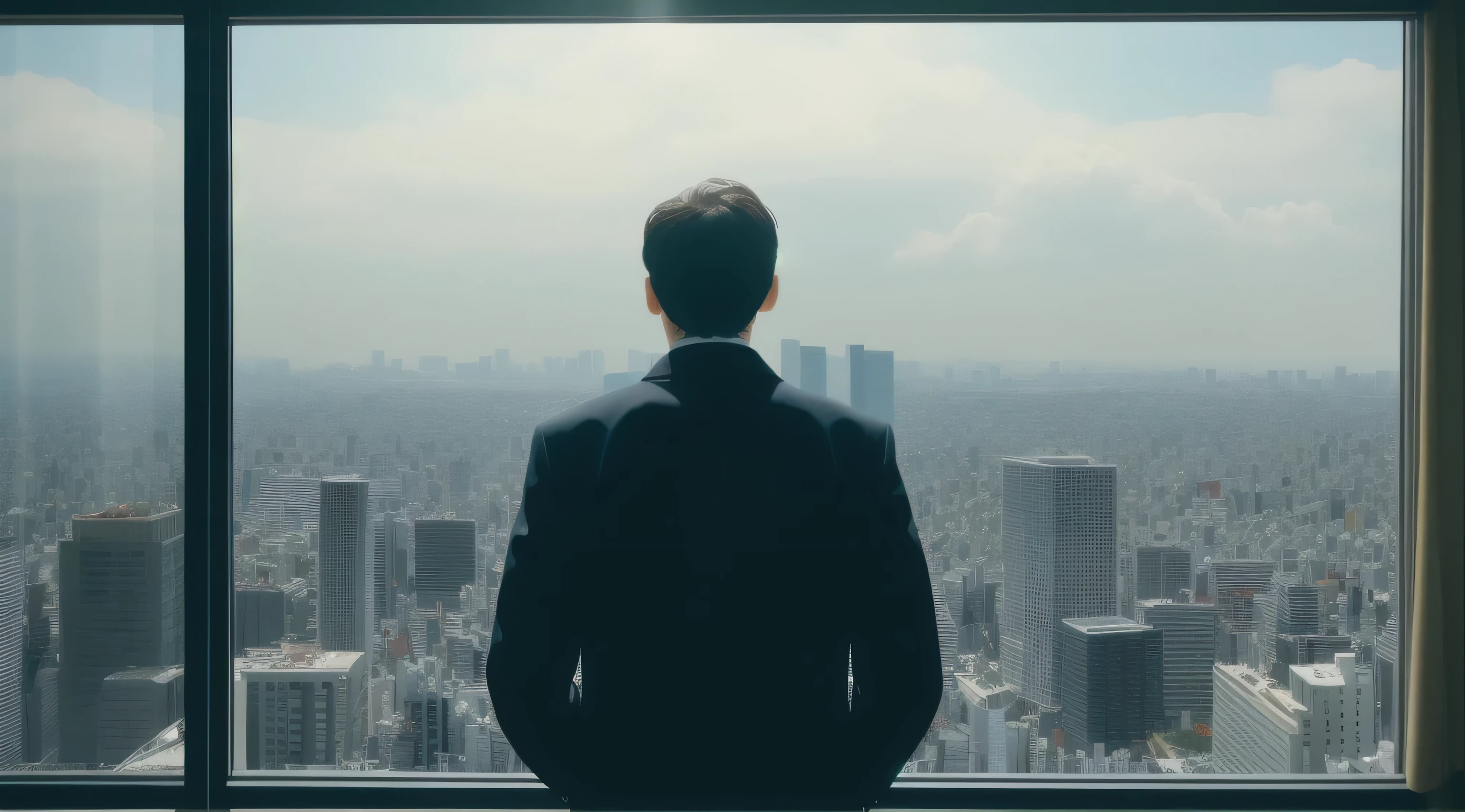 A man stands in front of a floor-to-ceiling window..,in the back,Building overlooking Tokyo,that'It's all in the movie.,Rich details,panoramic perspective,film texture,feels epic,film texture: kodak film,wear and scratches,The light in the rear window is in the backlit.,Over the shoulder shot,16,000,