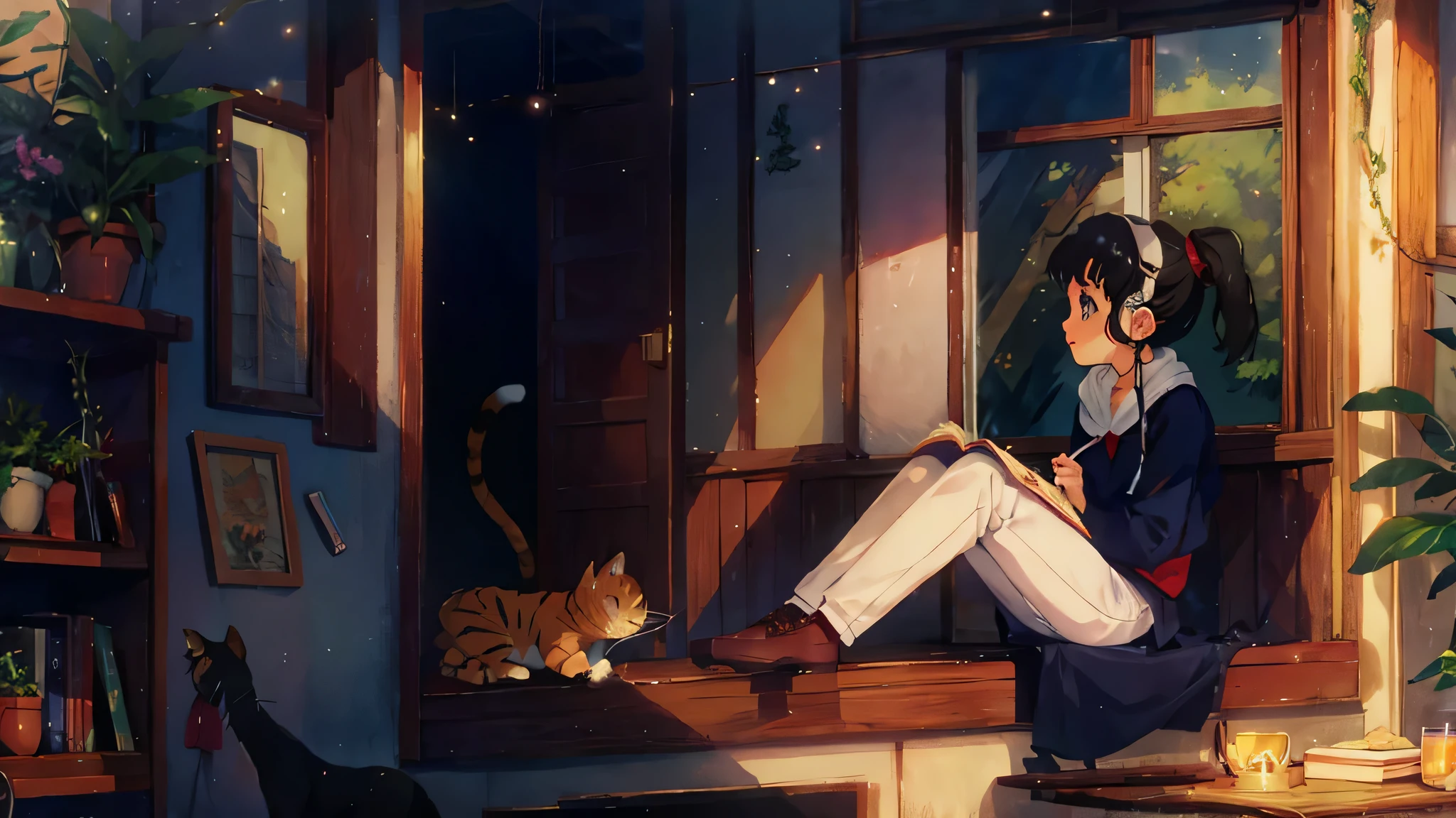 ghibli studio anime style, cat sitting on the window sill,ghibli art style, 