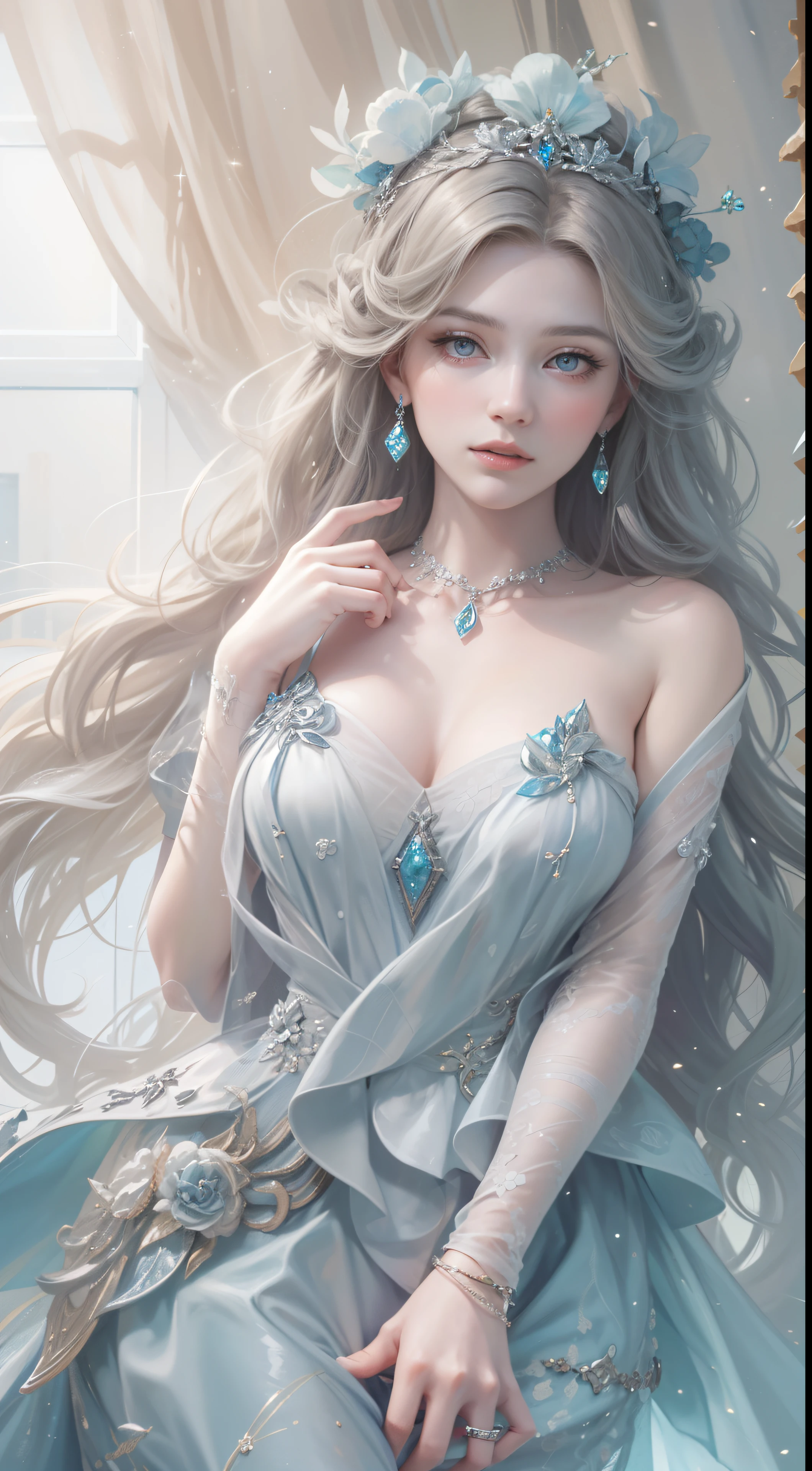 master piece, best high resolution,high quality content, 8K quality photos with great detail, Perfect for the dynamic bust of a noble girl, does not appear on the hand,Delicate curves, Bend hair to create gorgeous, intricate fabric textures, Gray-blue eyes, delicate flower decoration, Sparkling Crystal Jewelry, Highly focused and delicate details。
