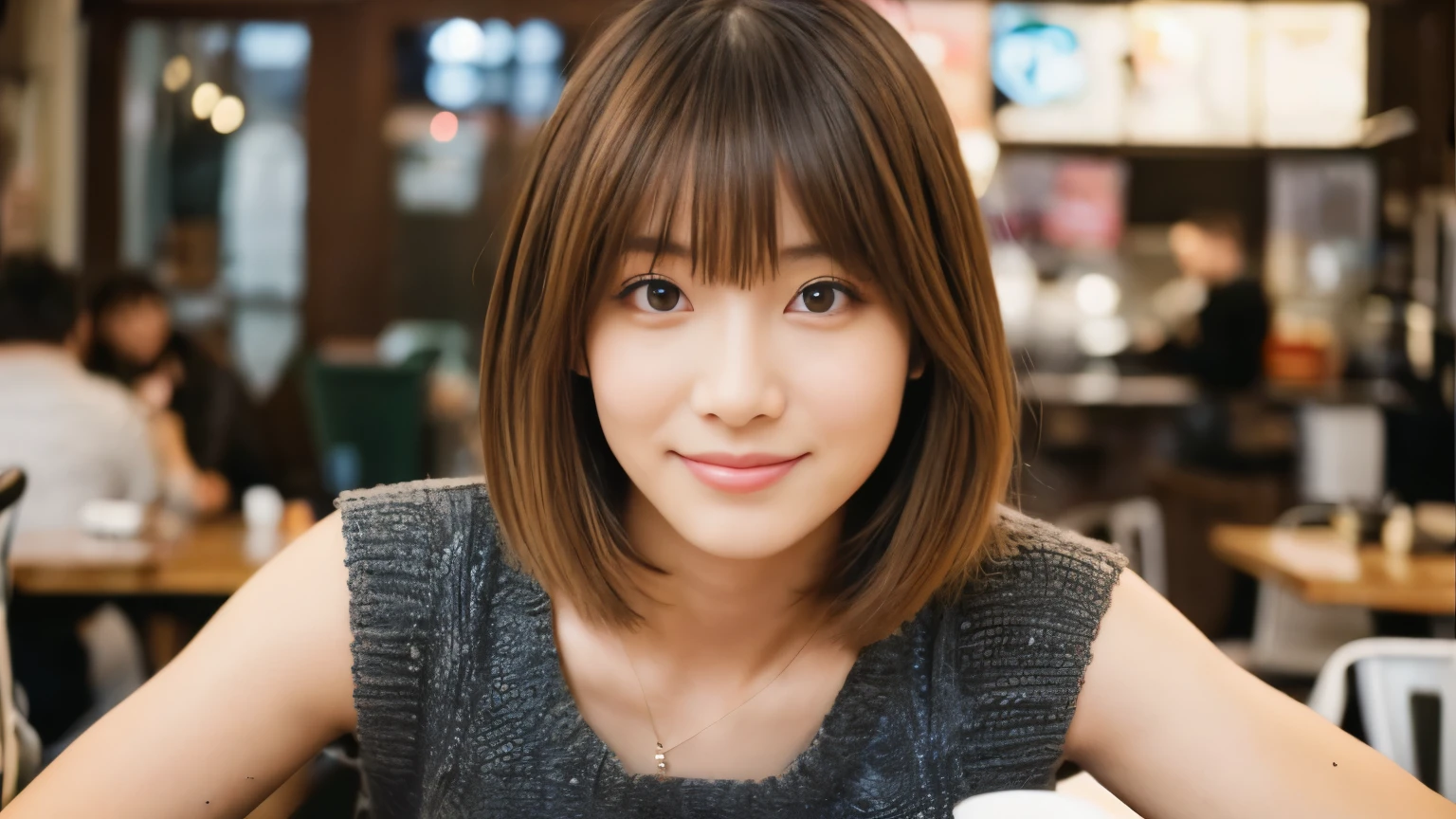 ((最high quality, 8k, masterpiece: 1.3)), perfect face,Inside a stylish cafe in New York、A scene in which a beautiful model-like woman with big breasts is drinking a latte and studying on a laptop.,everything around you, I can see other customers enjoying themselves too...。At the back of the cafe、Staff are busy working at the counter.、Feel the vibrancy and warmth of a city cafe.., sharp focus, 1 girl, sexy 1.2, brown hair, With bangs, (layered short hair), (big: 1.5), fine eyes, Beautiful eyes with slit length, double eyelid, (cat face), (cute Face), cute Smile, (close your mouth), (cute), soft skin, show the whole body, surreal, Super detailed, high quality, (カフェで勉強するショートヘアでbrown hairの美しい女子大生), ((詳細な非常にcute女子大生), ((big胸 It can be seen even through clothes)),Staring at my boyfriend