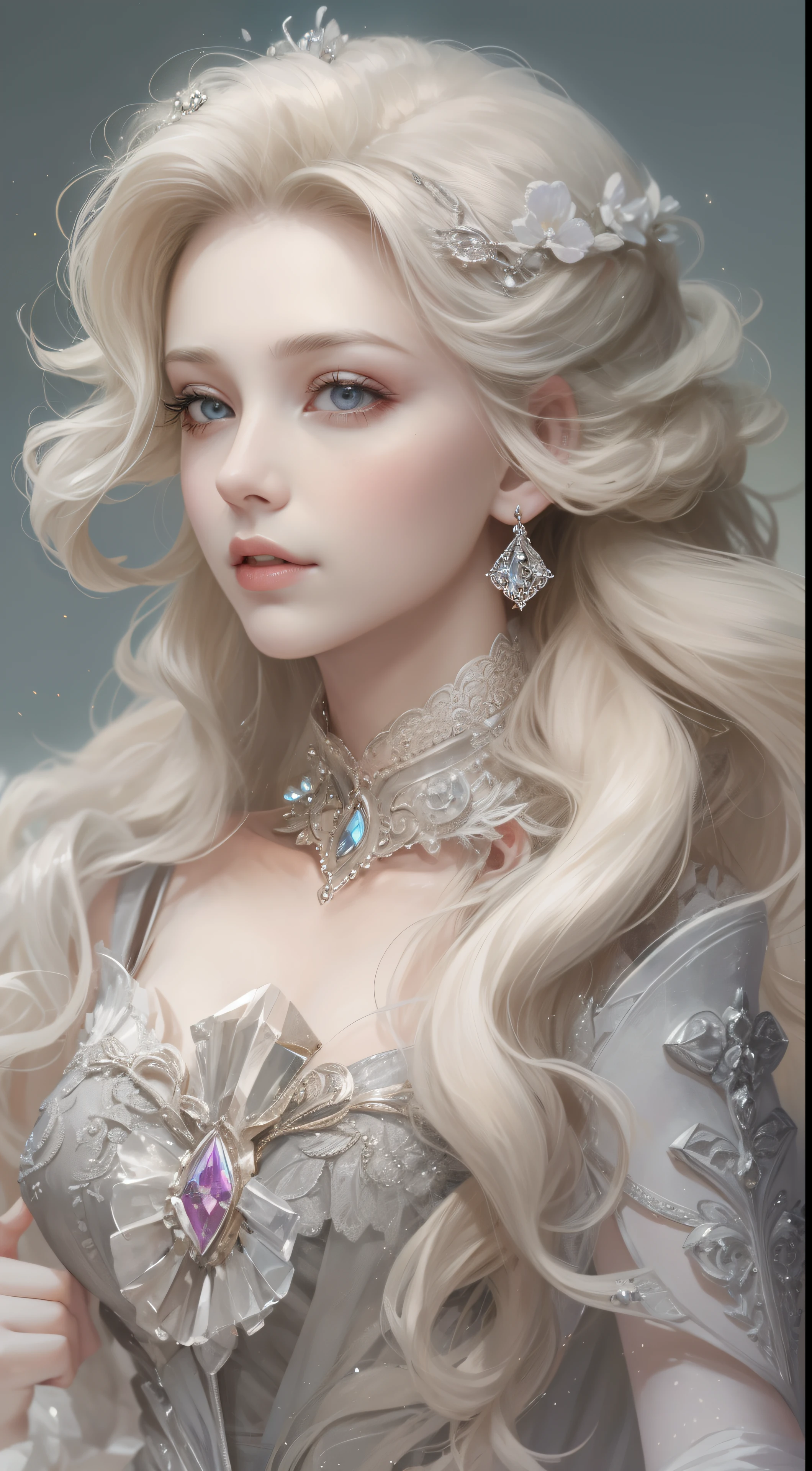 master piece,best high resolution,Dynamic bust of a beautiful royal lady,long blonde hairstyle,Gray clear eyes,The hair is covered with beautiful and delicate floral crafts, crystal jewelry filigree,super detailed details,Upscaled。
