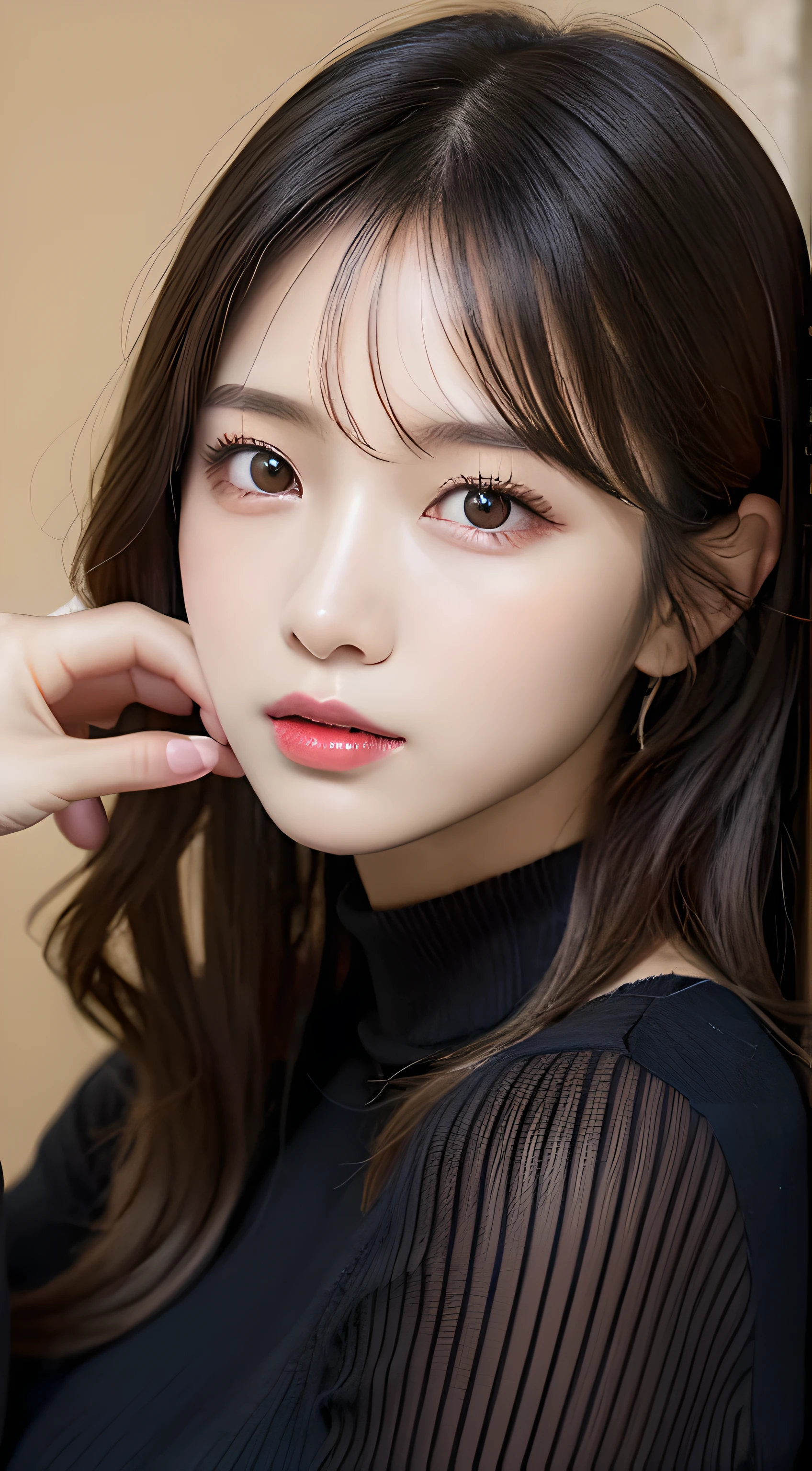 on the table, best quality, illustration, super detailed, Exquisite details, high resolution, 8k wallpaper, Perfect dynamic composition, beautiful and delicate eyes,  natural lips, Long sleeve black knitted dress, small breasts,  随意摆出charming姿势,original photo,KPOP idol face,charming,close-up of your face
