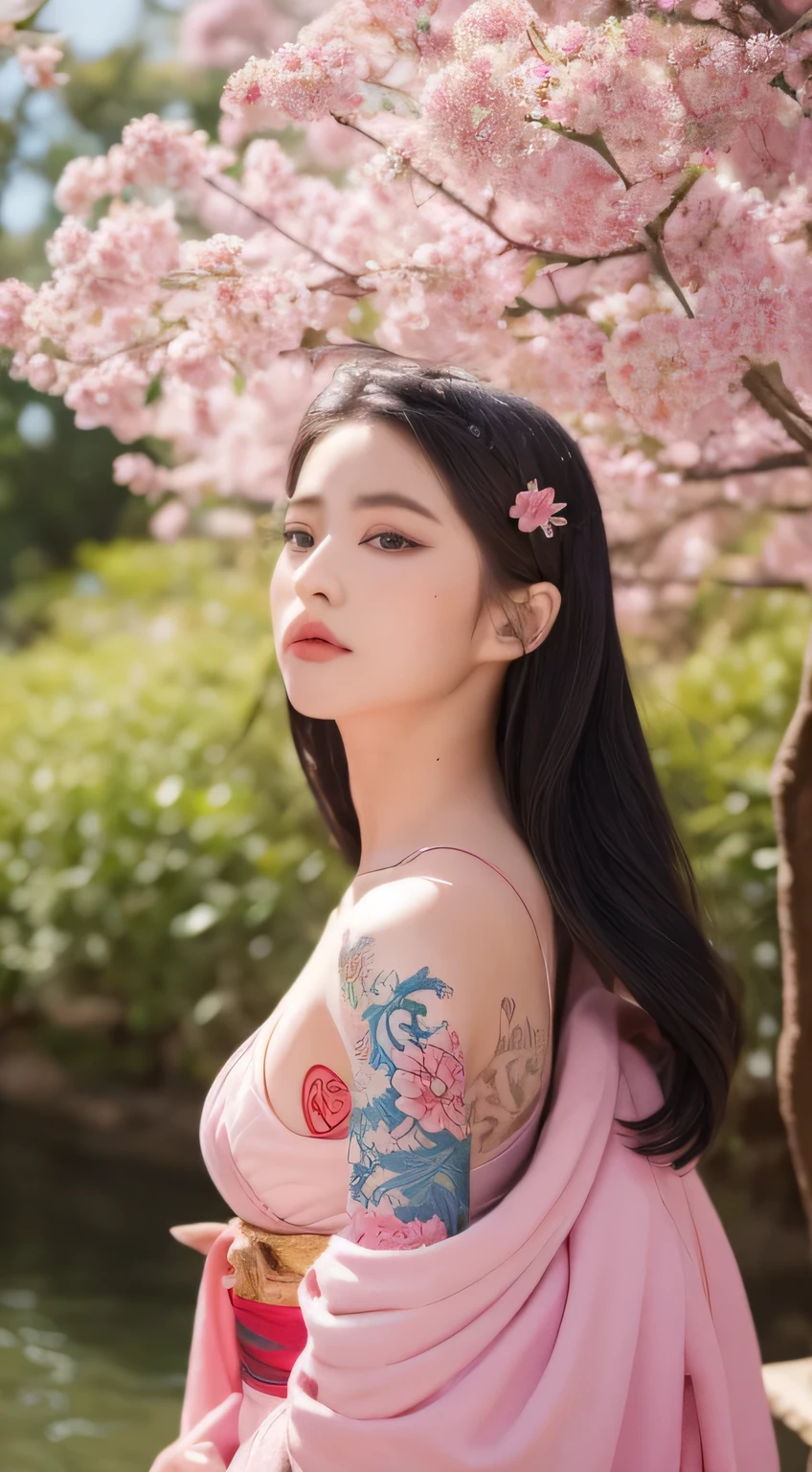 ((Best quality, 8k, Masterpiece :1.3)), Beautiful geisha in kimono.bare shoulders, ((wide shot)),Sitting on a small boat. Laked. afternoon view. decorated with sunlight••Shooting from top to bottom angle_Full body:1.7_snapshot, photo, high resolution, 4k, 8k, bokeh background)) mix4, 20d_Tattoo face texture. Tattoo Hand. Chest tattoo. Shoulder tattoo. big breast. Sakura tree in the background. pink themed. elegant hair, dragon hairpin