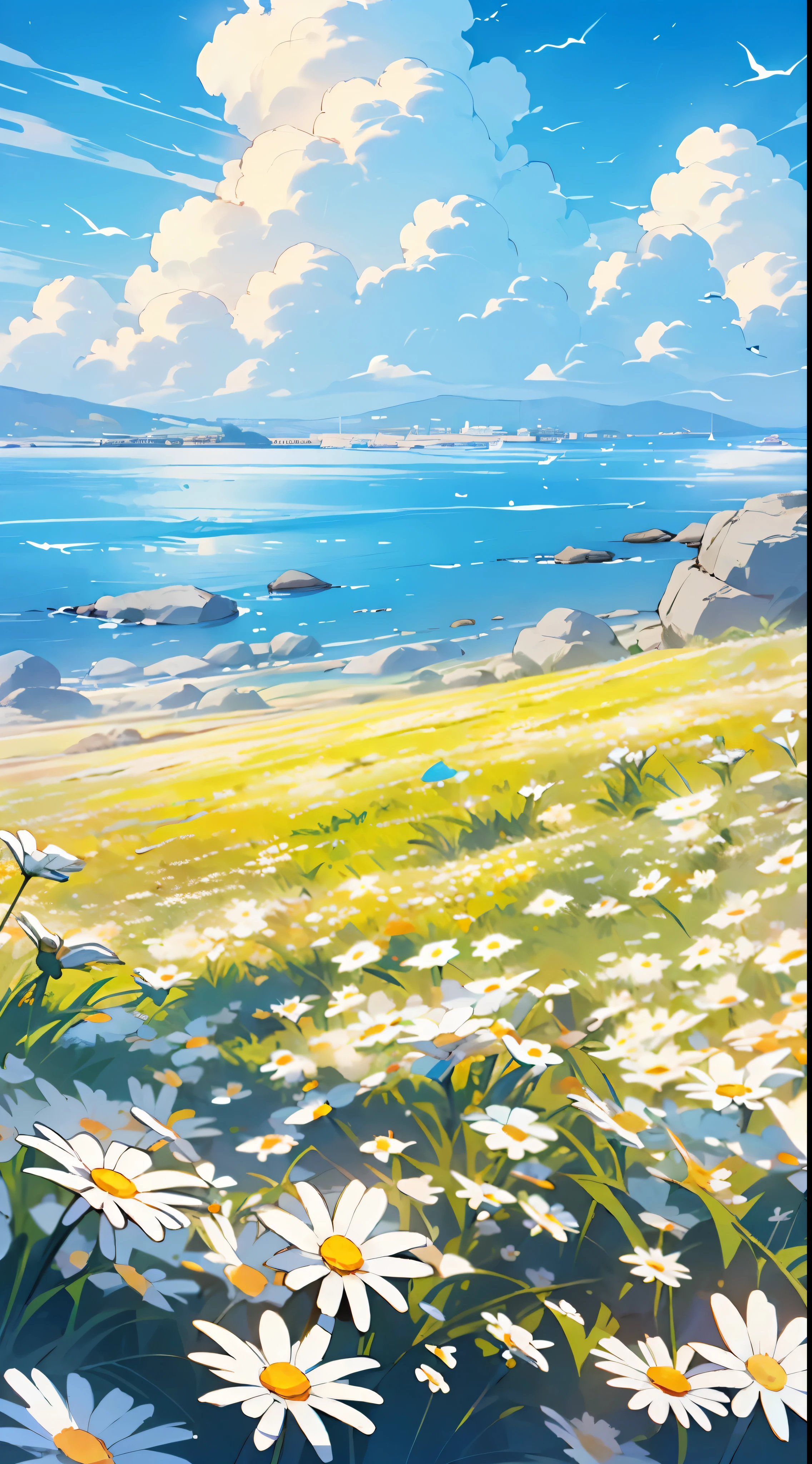 no humans, outdoors, flower, scenery, field, sky, white flower, day, horizon, ocean, flower field, yellow flower, colorful flowers, blue sky, daisy, landscape, cloud, water, (illustration:1.0), masterpiece, best quality, 