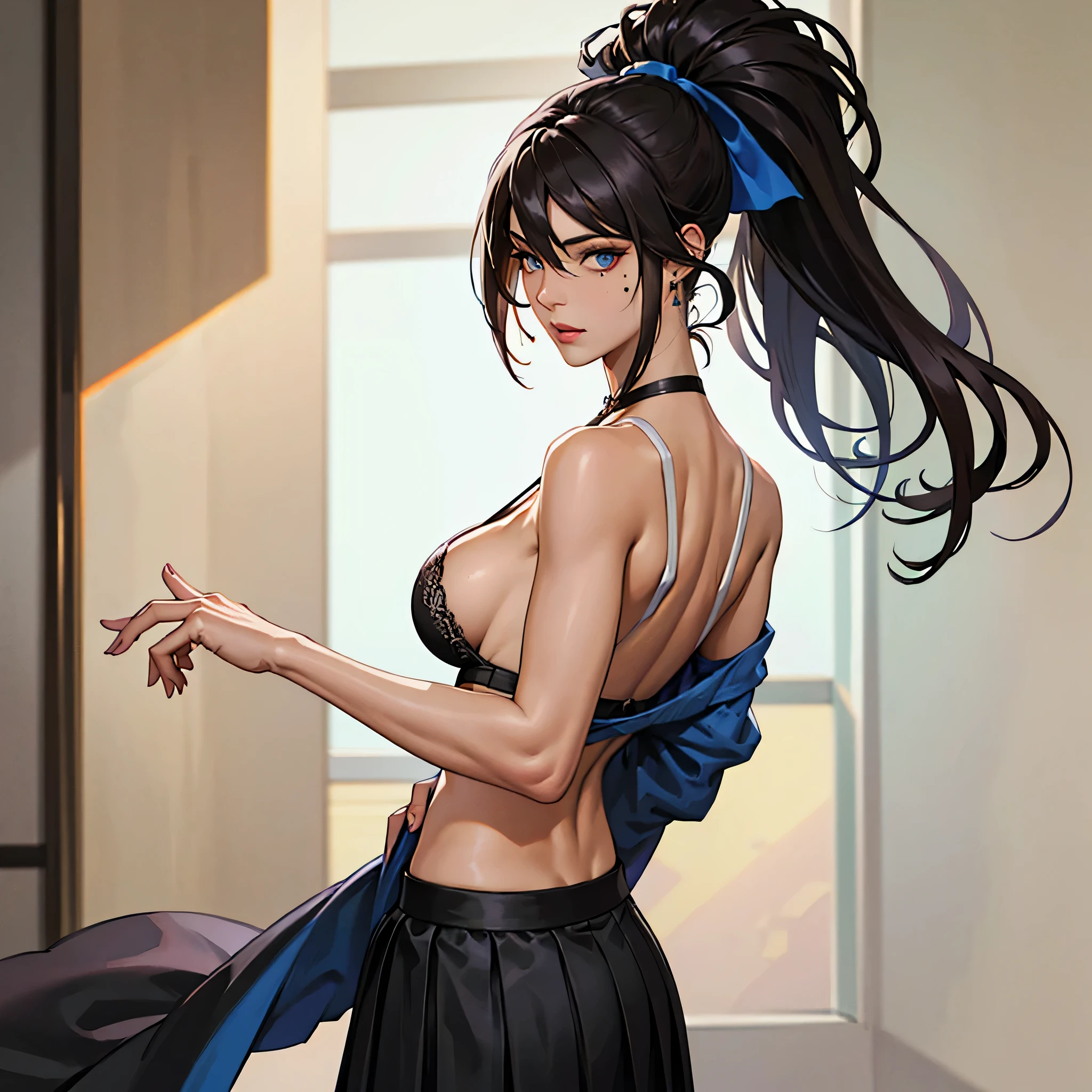 masterpaintings, beste-Quality, 1girl huge large breasts, solo, Complicated details, color difference), (realisic),(The skin), 1 girl Shizuku high ponytail, ((Medium breathing)),(black har,hair between eyes),Detailed hair,Red headdress,Blue highlight, Hair is more than one eye,blue eyes, Small earrings, sharp sharp eyes, necklac,((tan skin)),(Symmetrical eyes),(Perfectly symmetrical body),((natural lights))), The light from the back window is backlighted,To gray walls, dimly lit by,are standing,(looking at the spectator),((Center the lens,from frontal,(Face and waist)Visible chest line Deep V realistic, high resolucion, 1 girl, Black wavy hair, small mole under eyes,Camisa blanca, Black pleated skirt, Distinct chest line, Long legs, Tightens abs,dynamicpose,Catwalk Chest line Black pleated skirt Wearing a jacket to reveal a white bra Showing belly button eyes High ponytail Big breasts White eyeballs Sexy