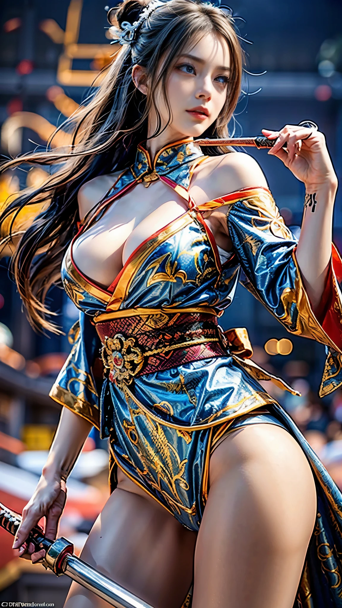 (RAW shooting, Photoreal:1.5, 8k, highest quality, masterpiece, ultra high resolution), Sengoku, Fires of war burning everywhere:1.3, Against the backdrop of Japanese architecture, perfect dynamic composition:1.2, realistic, Highly detailed skin and facial textures:1.3, Slim female samurai holding a Japanese sword in a high position:1.35, Fight:1.2, beautiful and aesthetic:1.2, cute and sexy beauty, perfect style, wear elaborate rings, water, Wind, thunder, ice, Fair skin, very beautiful face, (Medium chest, Chest gap), (embarrassing smile, The expression on your face when you feel intense caress, Facial expression when feeling pleasure), (Wearing a sexy Sengoku uniform:1.1, off shoulder), (beautiful blue eyes, Eyes that feel beautiful eros:0.8), (Too erotic:0.9, Bewitching:0.9), full body shot