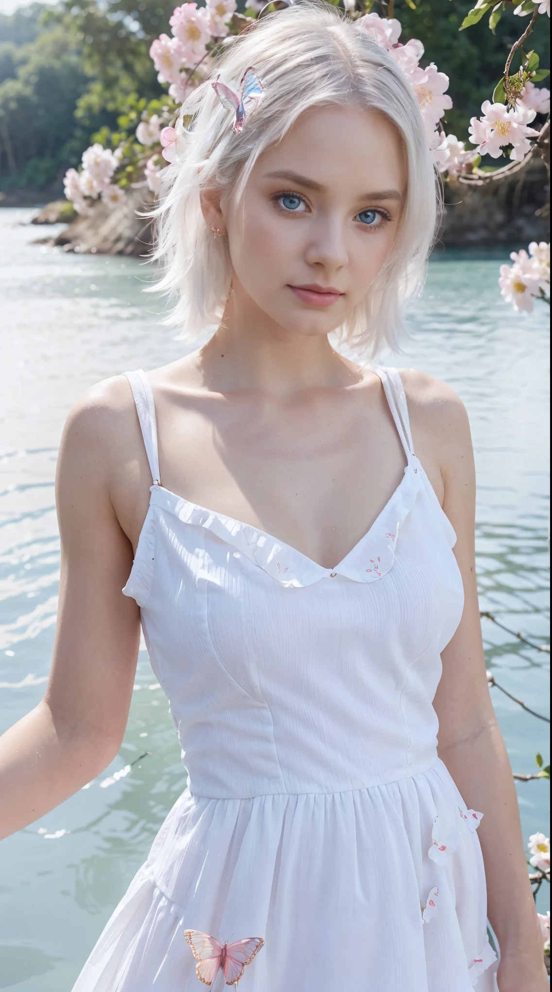 Close up Photo of a beautiful fashion model dressed in white and baby pink, cute outfit with white hair ,standing in the ripples of the water, flower and butterfly dress , detailed blue eyes , light pink flowers and white background