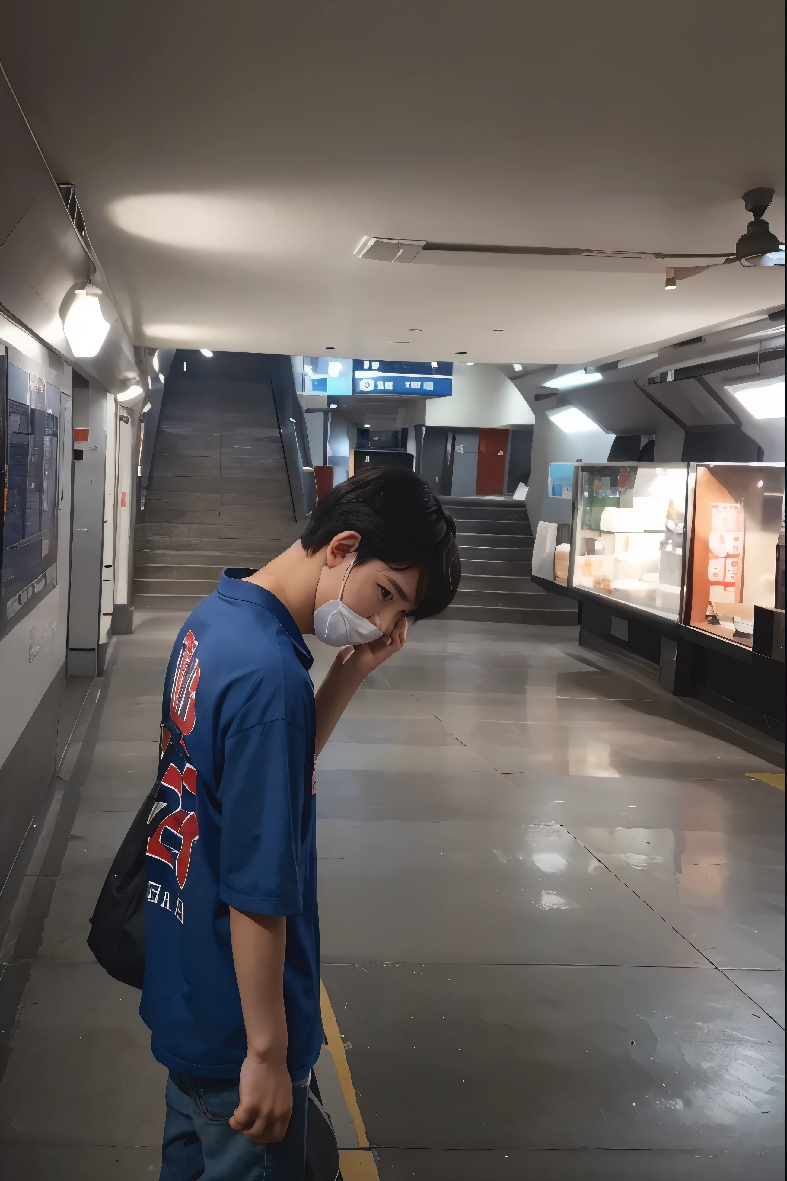 A cute Korean boy looking down. Photo realistic, very cute, perfect face with beautiful eyes , with face mask