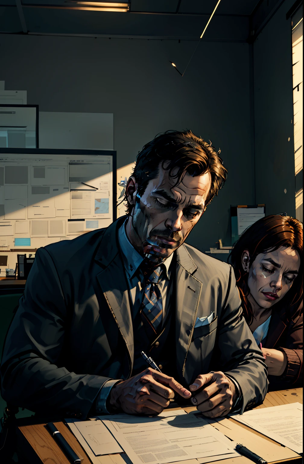 The detective's young partner fell asleep at the table, (((office))), The photo should be hyper-realistic, highly detailed, and high-resolution 16k. The lighting should be bright and clear, illuminating the detective and the scene around him.