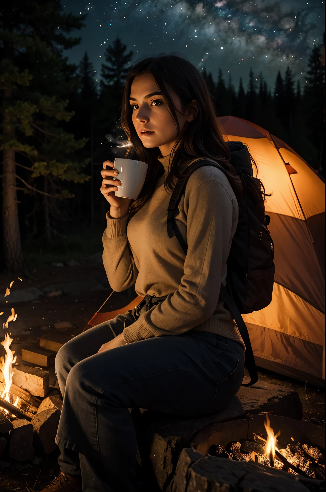 masterpiece, best quality, extremely detailed, hyperrealistic, photorealistic, warm hue, warm tone, a beautiful woman, ultra detailed face:1.2, at night:1.2, sitting near campfire, in a forest, with stars and milky way trails:1.1, holding the mug with both hands, real steam visible, smoke, shadows, tent, backpack