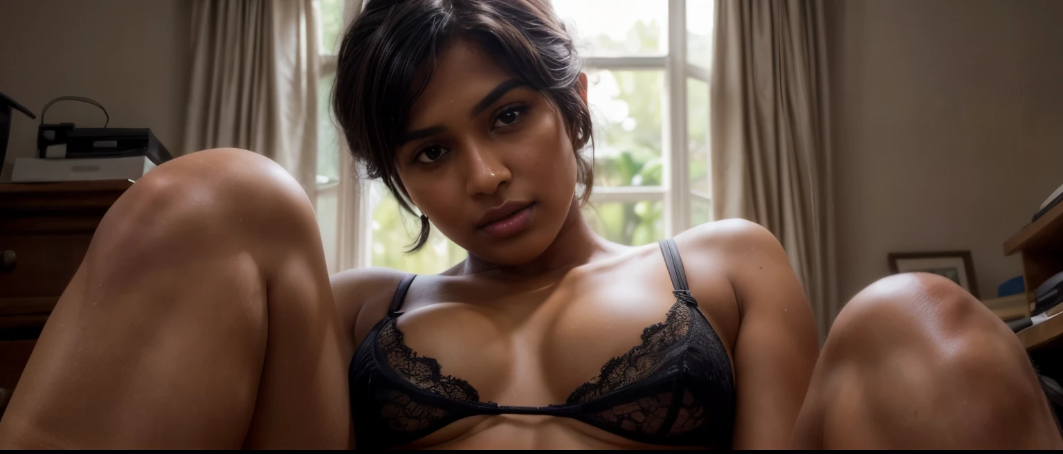 Long Shot photo -20 meters, a young, (tanned skin), ((beautiful Indian woman)), 20 years old, 165cm tall, with a short haircut, practices stretching, (plus-size), dressed in different types panties tight and bra, high quality, ultra-realism, detailed skin, soft lighting, natural illumination, full-body photo, (distant angle), subject isolation shot, Skin with pores, Skin with wrinkles, Skin with acne, photo processing gritty, Matte finish processing photo, soft lighting, subsurface scattering, realistic, heavy shadow, masterpiece, best quality, ultra realistic, Intricate, High Detail, film photography, soft focus, HDR, ((very distance shot)) foot viseble, Distance between the camera and the subject long -20 meters