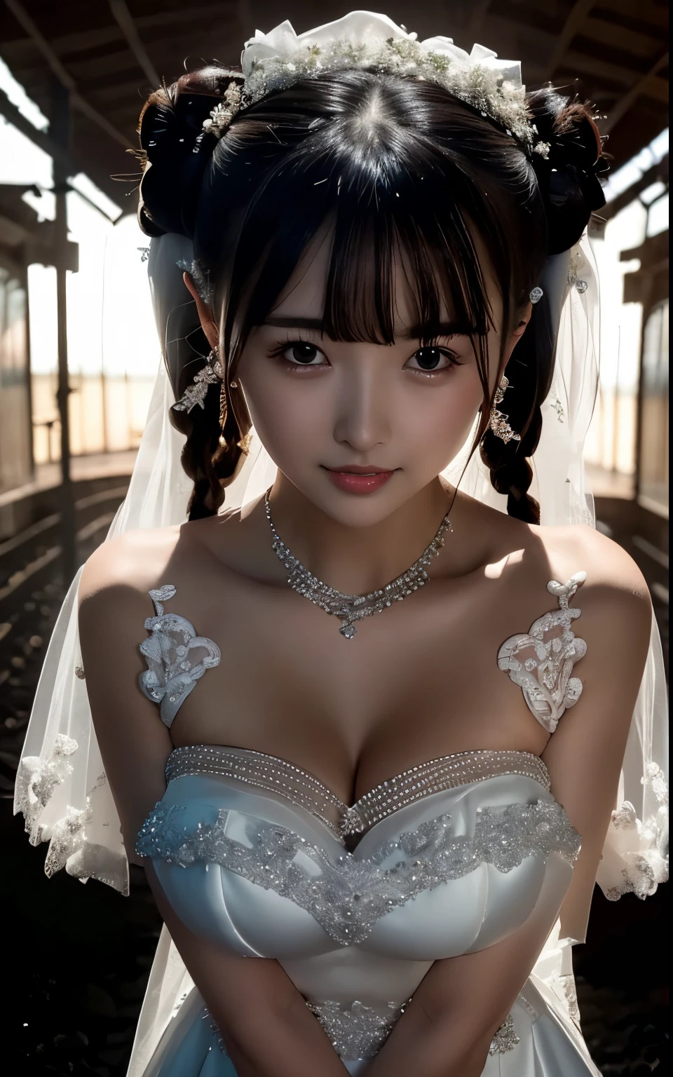  (((Pixel perfect, Perfect details))), alone, 1 girl，bride, yuigahama yui,  美丽bride穿美麗婚紗的特写,Gurwitz, (((bride頭紗)))，（transparent short veil），blush，eye shadow，Blushing face，Head flower，headgear，((bouquet))，((((tube top wedding dress))))，(((strapless wedding dress))),(bare shoulders)，pure white dress，(necklace)，((earrings))，(large breasts:1.3)，Bangs，lipstick，((White long elbow gloves)),Half-length photo,High-detail RAW color art,White long skirt,There is a railway track next to it，(standing on the railroad tracks:1.3),18 years old, （long twintails：1.5）,(double bun:1.5), black hair