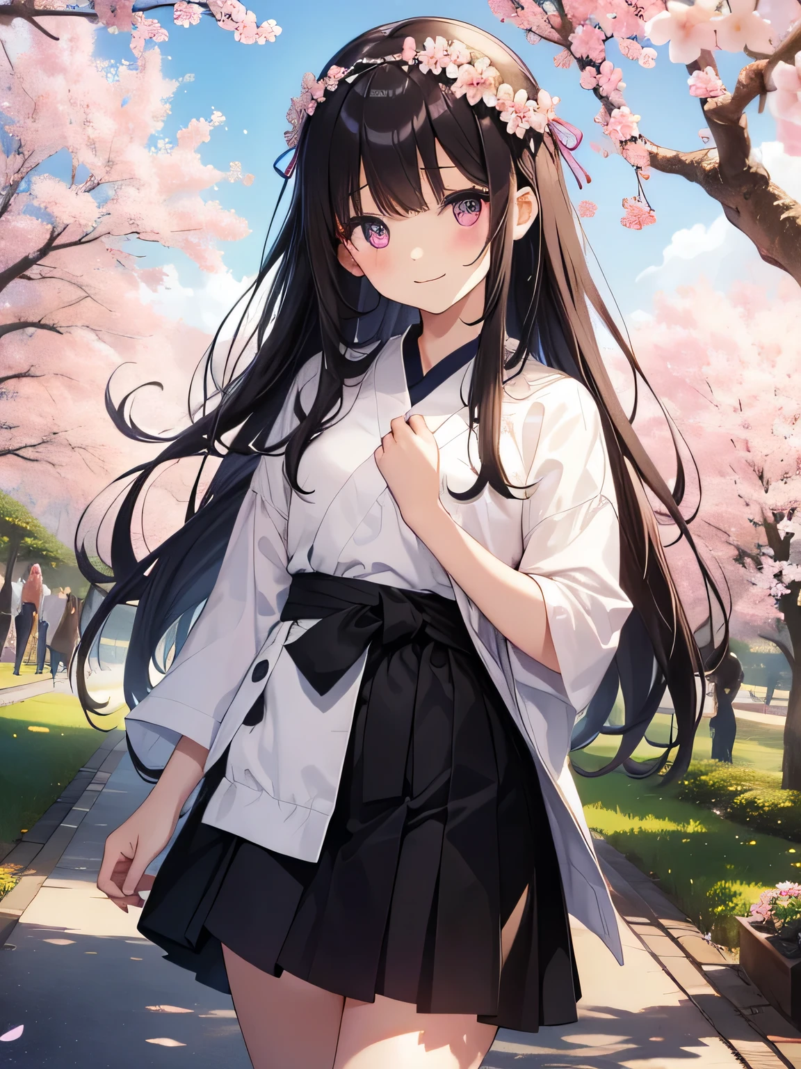 highest quality、best image quality、beautiful eyes、very delicate and beautiful、beautiful eyes、pink eyes、I、I、11 year old girl、Japanese、、Chiquita、Noble、primary school student、black hair、barefoot、(judo)、(((The lower body looks like a doronjo)))、(High leg)、tiara on head、dull smile、standing and facing forward、The background is a row of cherry blossom trees