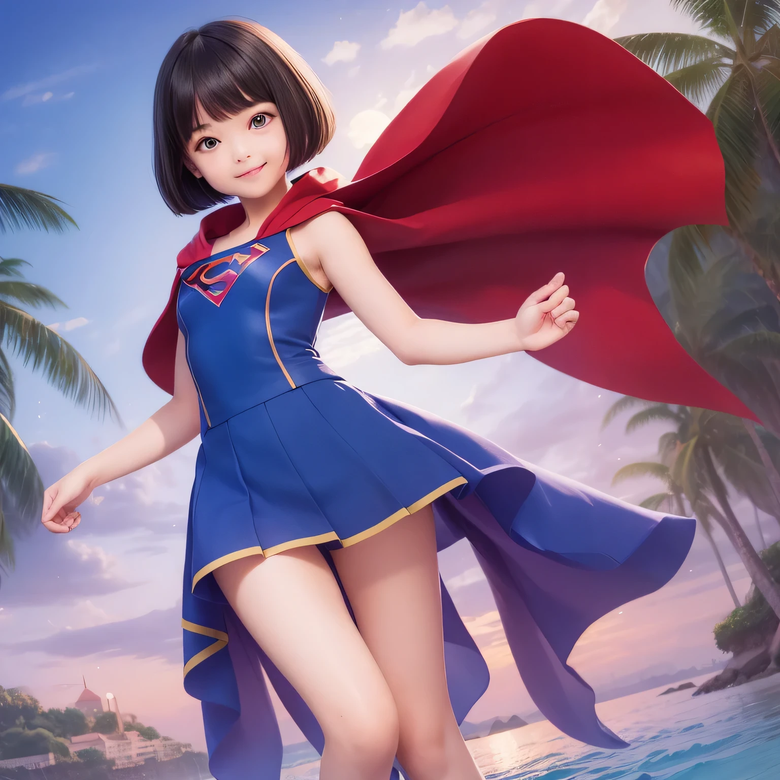 A very elementary school student is wearing Supergirl clothes..、masterpiece、highest quality、Spreading black hair、bob cut with trimmed ends、(flat chest)、con、red cloak、short sleeve、pink heart shaped particles、Rooftop background with pool、whole body、smile、High leg、thin crotch