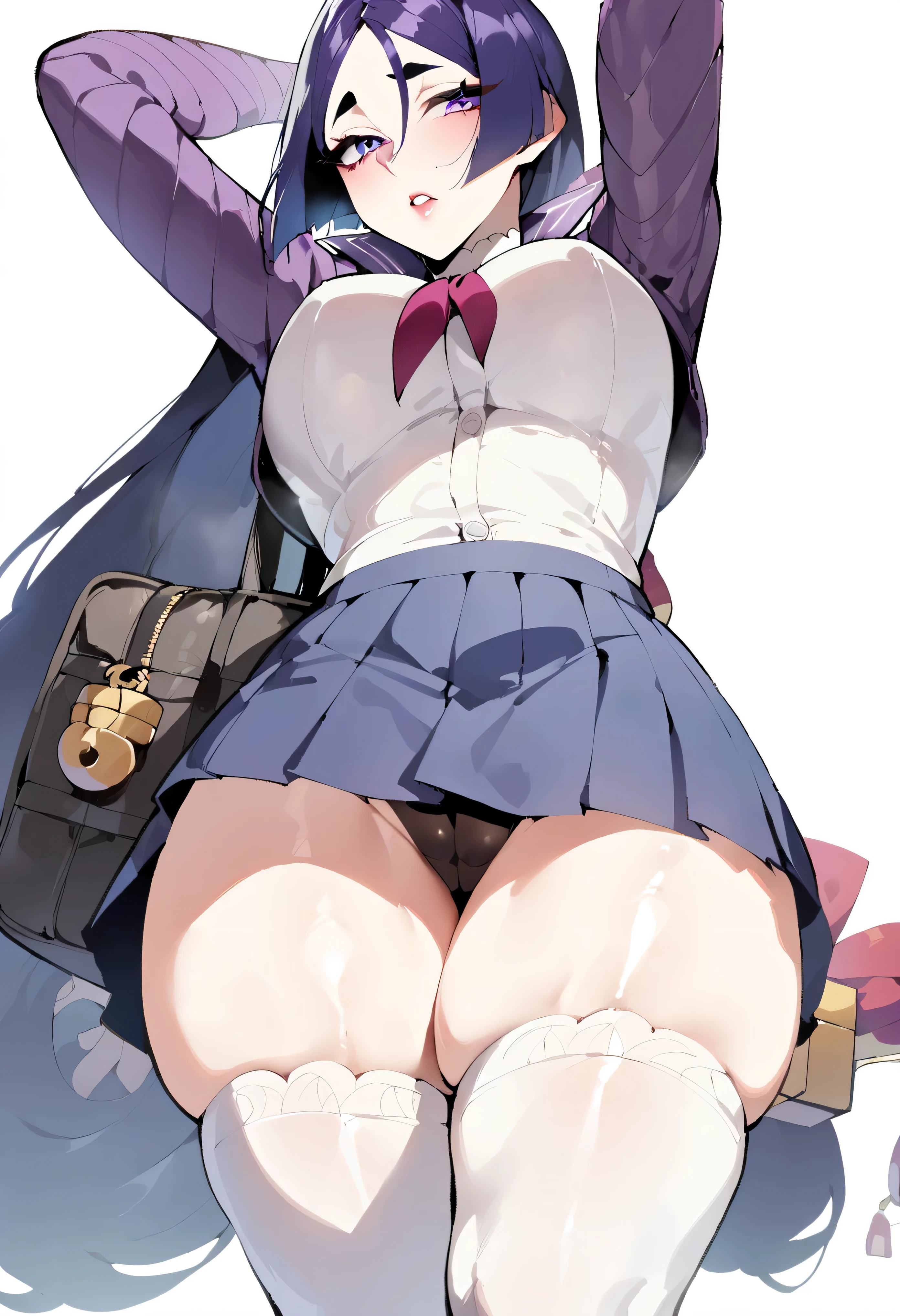 1 girl, Minamoto no Raiko \(fate\), fate/great order, Masterpiece, Best quality, newest, Ideal Anatomy, slender body, , detailed eyes, Perfect eyes ||||| ||||| from the nanny,||||| ||||| ,, school outfit, School skirt,school bag,, stockings, One, purple eyes,, posing, simple background,