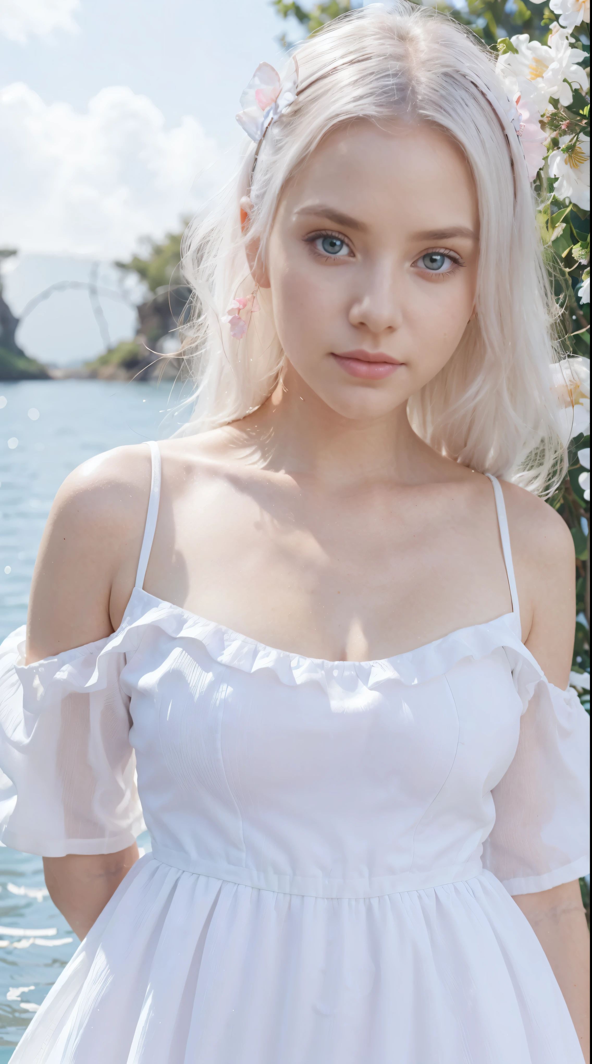 Close up photo of a beautiful fashion model, dressed in white and soft pink., cute outfit with white hair ,I'm standing in the ripples of water, dress with flowers and butterflies , Detailed blue eyes , light pink flowers and white background