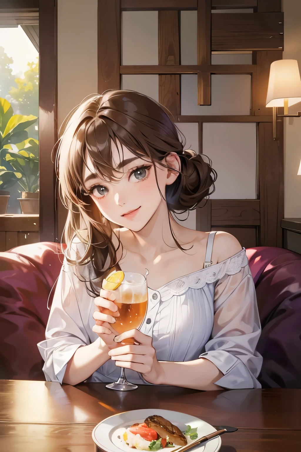 (table top, digital illustration, 4k, 8k, Super detailed, beautiful images, clear image, perfect face, perfect lines, perfect eyes, soft lighting) 1 female, (light brown hair,chignon hair,innocent look,droopy eyebrows,droopy eyes、With a round face,round chin、innocence,cute,Big eyes,natural makeup,smile gently,E cup,23 years old:1.3),Two handsome men in suits, (human,man in suit,muscular,solid shoulder width, boyish hairstyle,A man in his 30s with a cool expression,28 year old man with a bright smile:1.2),garden full of light、lots of flowers、Squirting、colorful flower light,(embarrassing,shy smile:1.2),resort sofa,kiss、カップルkiss、romance porn、couple of man and woman looking at each other、dinner、drink alcohol、drunk