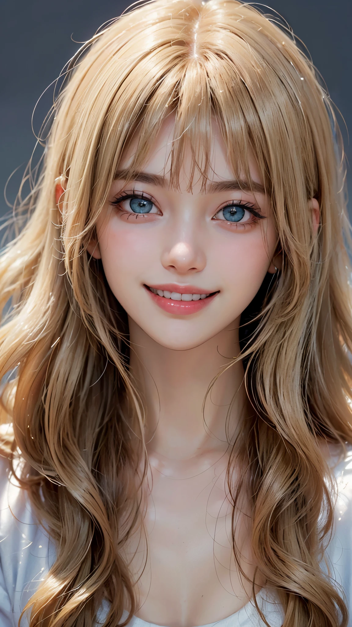 (UHD, retina, masterpiece, accurate, anatomically_correct, textured_skin, super_detail, high_details, high_quality, best_quality, high_res, 1080P, HD, 4K, 8k, 16k), (beautiful_detailed_eyes, beautiful_detailed_lips, extremely_detailed_eyes_and_face), soft_lighting, physically-based_rendering, vivid_colors, (shiny_hair, shiny_skin, tanned_skin, blush), (bangs:1.5), eye_reflection, (bokeh, simple_background), (1_girl, blonde_hair, smile_and_laugh:1.5), white t-shirt, (wavy_hair:1.5),