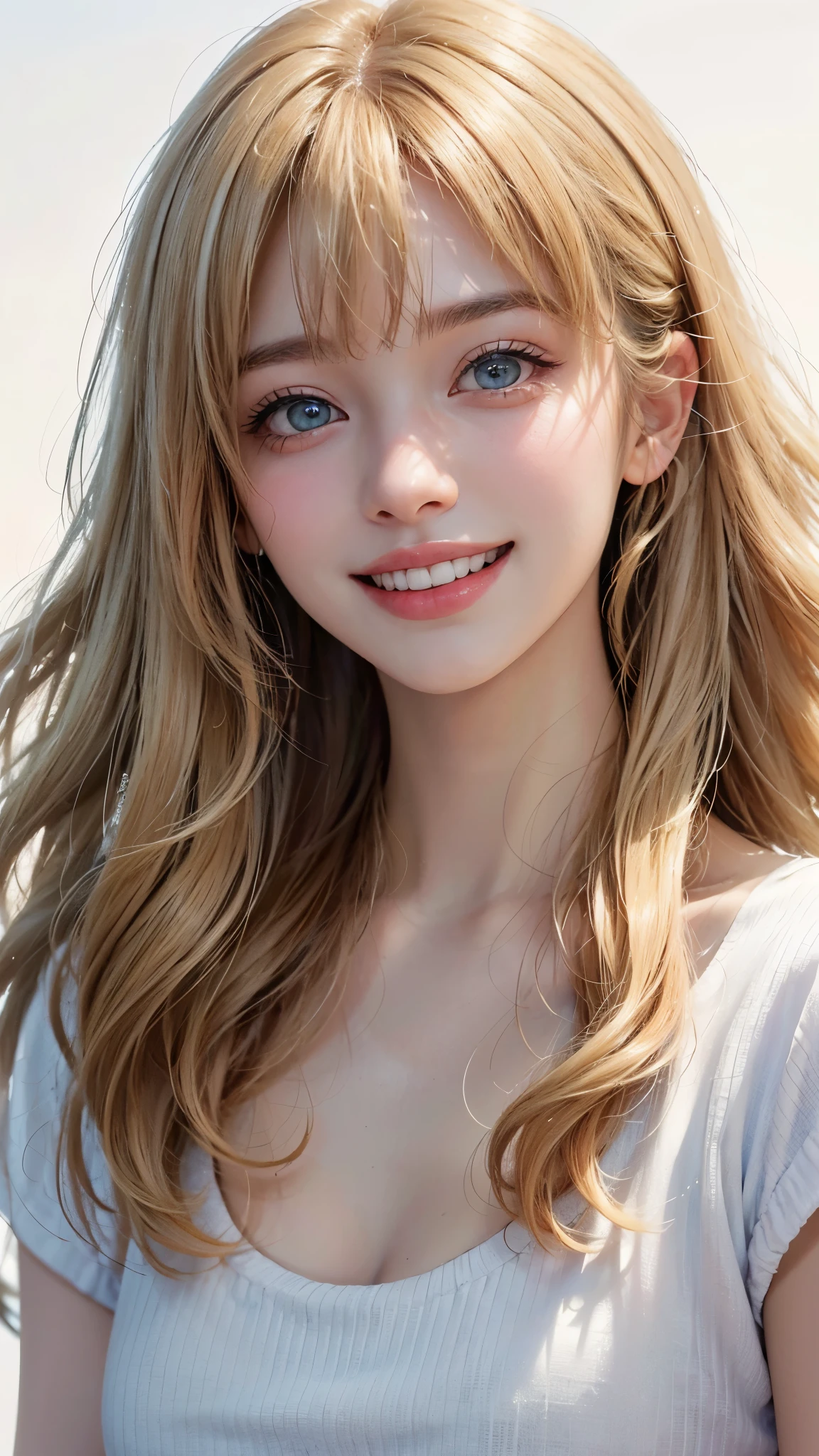 (UHD, retina, masterpiece, accurate, anatomically_correct, textured_skin, super_detail, high_details, high_quality, best_quality, high_res, 1080P, HD, 4K, 8k, 16k), (beautiful_detailed_eyes, beautiful_detailed_lips, extremely_detailed_eyes_and_face), soft_lighting, physically-based_rendering, vivid_colors, (shiny_hair, shiny_skin, tanned_skin, blush), (bangs:1.5), eye_reflection, (bokeh, simple_background), (1_girl, blonde_hair, smile_and_laugh:1.5), white t-shirt, (wavy_hair:1.5),