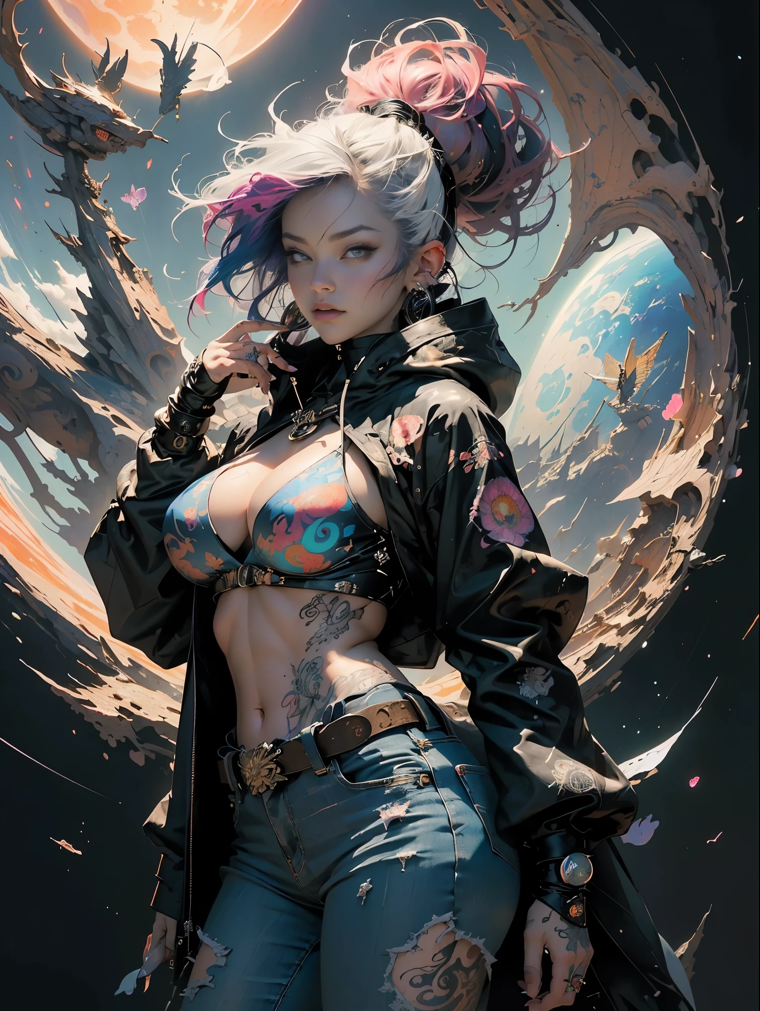 (masterpiece, top quality, best quality, official art, beautiful, cosmic, atmospheric, psychedelic, dreamlike, swirling psychedelic cosmic graffiti patterns and aesthetic:1.2), (1girl, neon white mohawk hair, beautuful highly detailed Harajuku-inspired hooded punk rock hip hop clothing torn skinny jeans, tons of tattoos and piercings, super huge enormously gigantic tits, cleavage showing), extreme detailed,(fractal art:1.3),colorful,highest detailed, cherry blossoms and butterflies blowing in the wind