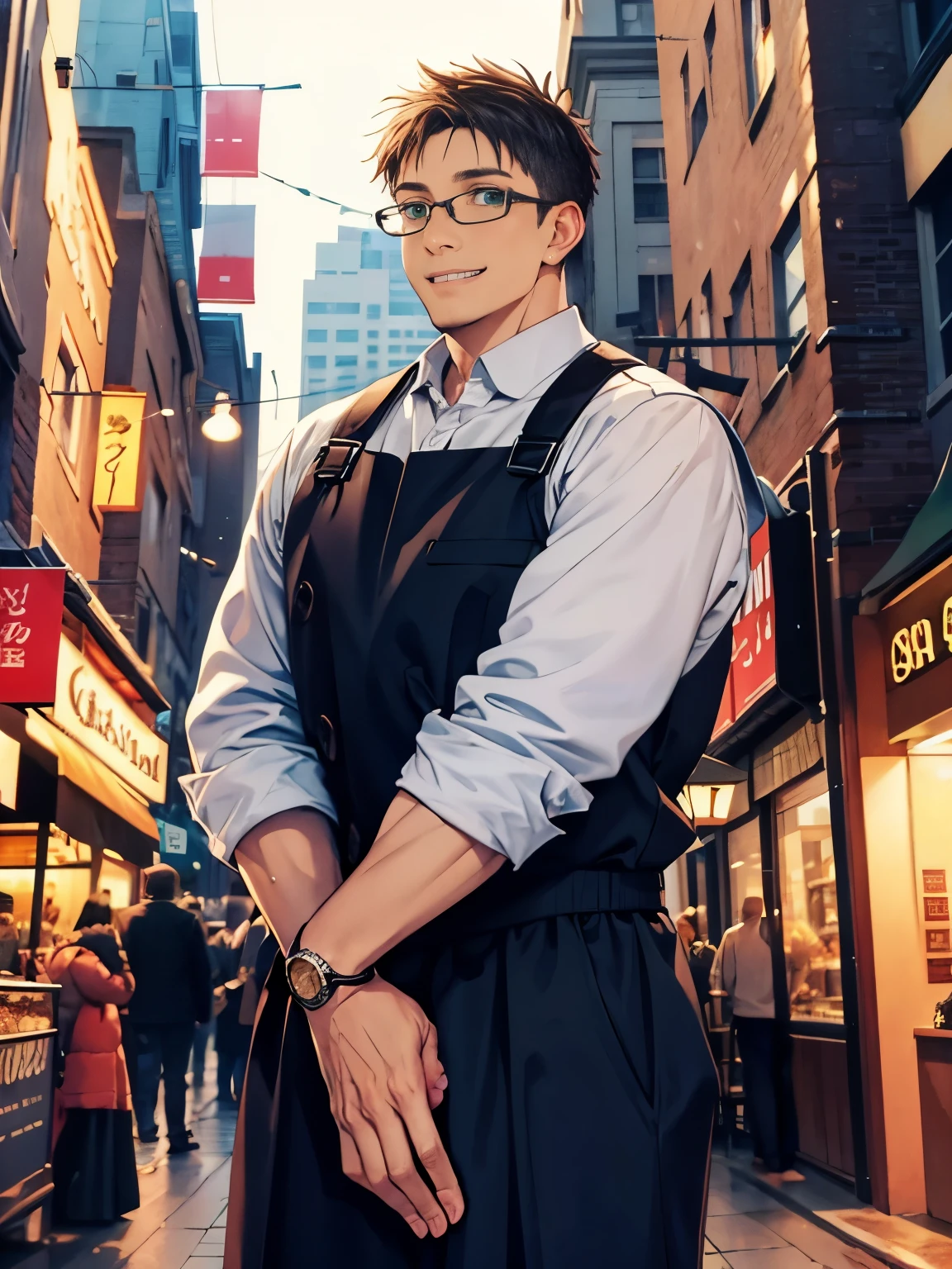Mature man,40 years old,super fat,green eyes,smile, short hair,Father,Standing in the city, half body photo,Geeky,Glasses