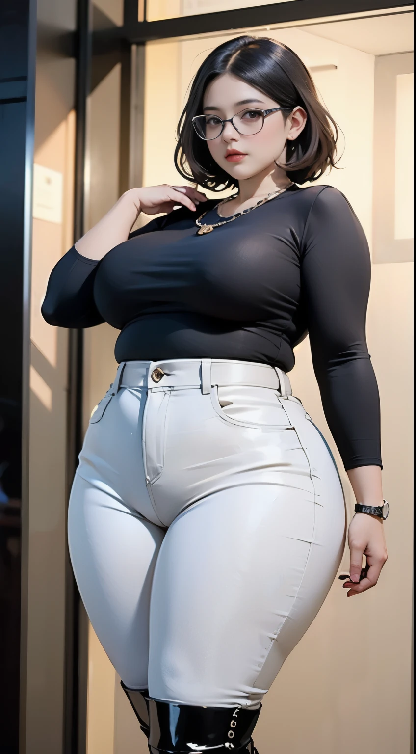 ((best quality)), ((masterpiece)), (detailed), perfect face, chubby woman, chubby face , chubby girl , widest hips , fat belly , thick neck ,, thicc , thick body , thick thighs , thick arm, small breasts but her body is a chubby, full body view, dark-black room, black bokeh background, tight dress, wearing high laced boots, short hairstyle, diamond necklace, wearing a watch, tall woman, restore face, white skin , longest tight pants , glasses , cold vibes, , 4k resolution, japanese goddess,voluptuous, looking at viewer, dominant