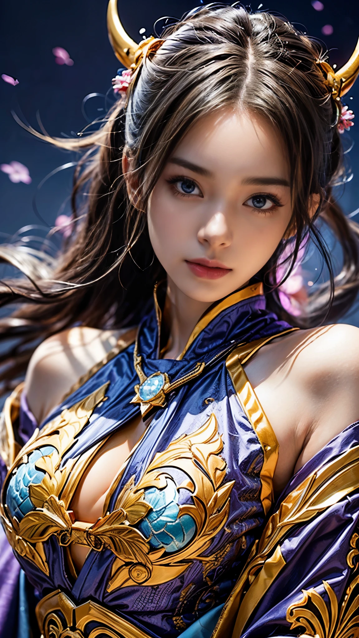 (RAW shooting, Photoreal:1.5, 8k, highest quality, masterpiece, ultra high resolution), Sengoku, いたるところで燃え上がる戦fire:1.3, perfect dynamic composition:1.2, Highly detailed skin and facial textures:1.2, Slim female samurai with a Japanese sword:1.3, Radical, fierce battle:1.2, beautiful and aesthetic, cute and sexy beauty, perfect style:1.2, wear elaborate rings, fire, water, Wind, thunder, ice, Fair skin, very beautiful face, (Medium chest, Chest gap), (embarrassing smile, The expression on your face when you feel intense caress, Facial expression when feeling pleasure), (Wearing a sexy Sengoku uniform:1.1, off shoulder), (beautiful blue eyes, Eyes that feel beautiful eros:0.8), (Too erotic:0.9, Bewitching:0.9), full body shot