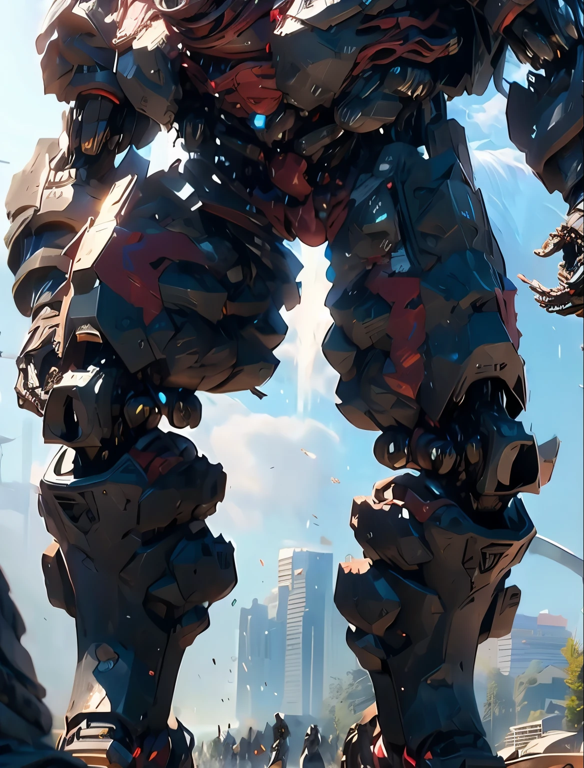 masterpiece，（best quality）Giant Cyberpunk Female Mechanical Titan，Breasts equipped with giant exoskeleton mechanical structural modules，Ruins of dilapidated underground city on cloudy day and night，end of the world