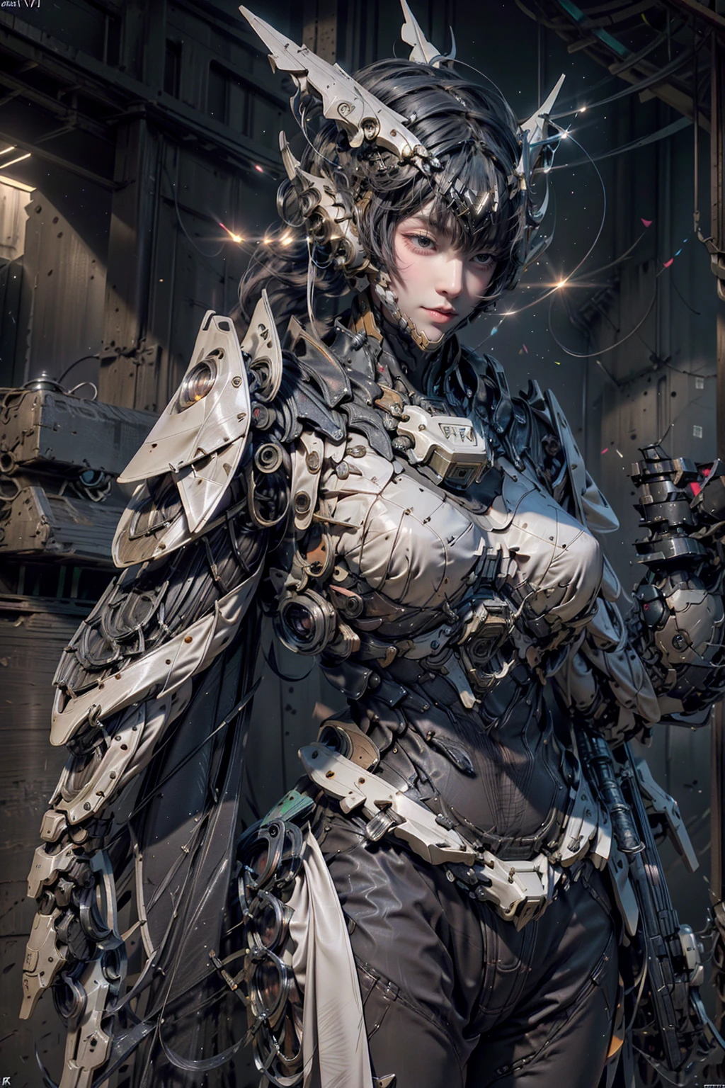 upper body,solo,[:(black background:1.5):90],Gradient background,1Mechanical Puppet girl,(1kaijin:1.2),curvy,machine made joints,machanical limbs,blood vessels connected to tubes,mechanical vertebra attaching to back,mechanical cervial attaching to neck,lights on armor,mecha headglass,Luminous Arms,laser eyes,expressionless,glowing skin,dynamic angle, (colorful:1.2),outline,watercolor,hdr,ray tracing,nvidia rtx,subsurface scattering,pbr texturing,post-processing,anisotropic filtering,depth of field,maximum clarity and sharpness,16k raw,luminescent particles,cinematic lighting,lens flare,dramatic_shadow,fantasy,chromatic aberration, intricate details