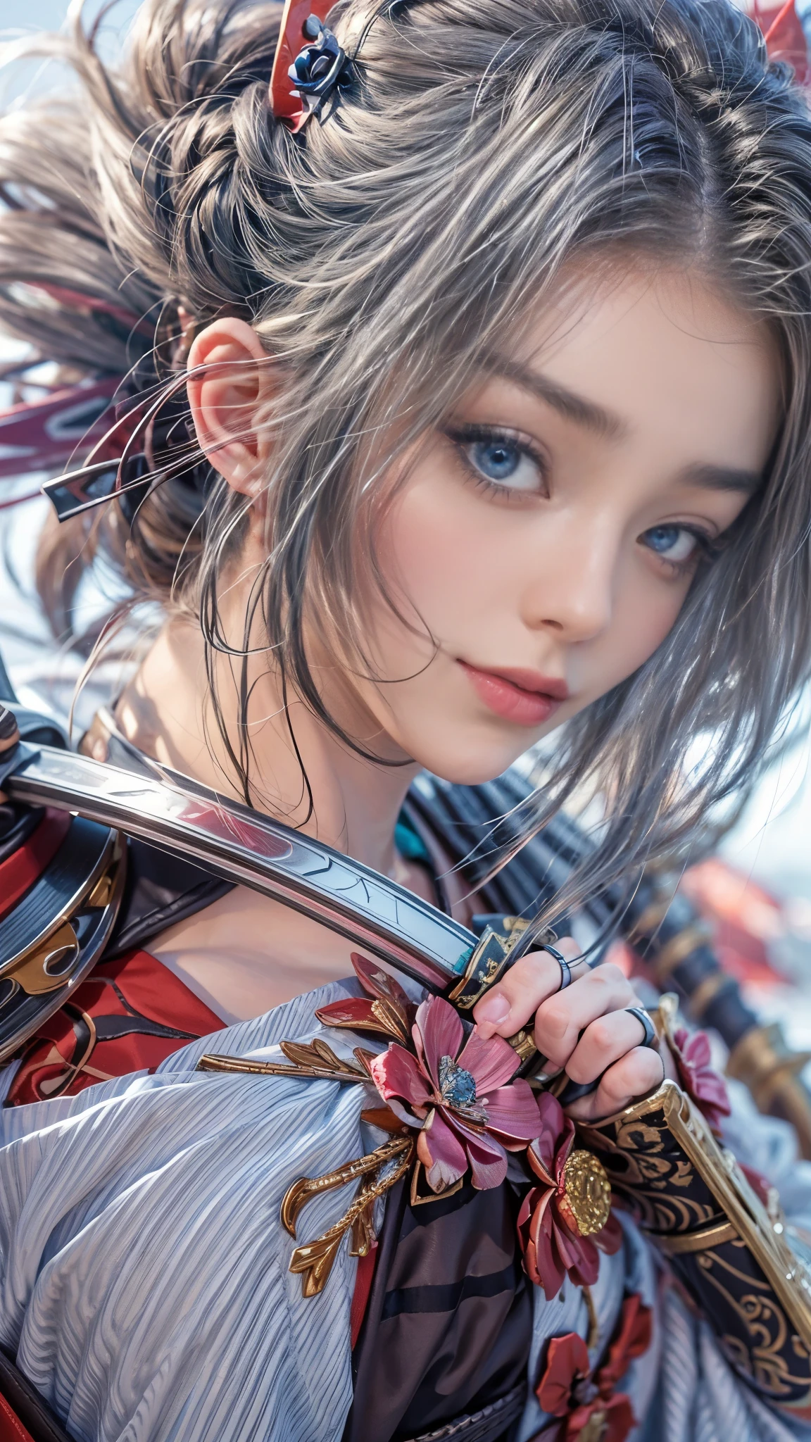 (RAW shooting, Photoreal:1.5, 8k, highest quality, masterpiece, ultra high resolution), Sengoku, いたるところで燃え上がる戦fire:1.3, perfect dynamic composition:1.2, Highly detailed skin and facial textures:1.2, Slim female samurai with a Japanese sword:1.3, radical, fierce battle:1.2, beautiful and aesthetic, cute and sexy beauty, perfect style:1.2, wear elaborate rings, fire, water, Wind, thunder, ice, Fair skin, very beautiful face, (Medium chest, Chest gap), (embarrassing smile, The expression on your face when you feel intense caress, Facial expression when feeling pleasure), (Wearing a sexy Sengoku uniform:1.1, off shoulder), (beautiful blue eyes, Eyes that feel beautiful eros:0.8), (Too erotic:0.9, Bewitching:0.9), full body shot