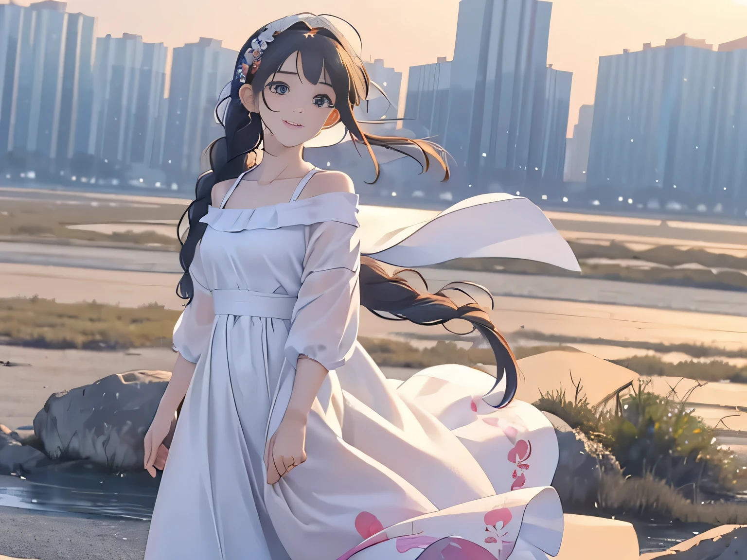 high detail,8k resolution,ultra high resolution,A young girl, a cute girl,Rainbow glitter long hair braids,colorful clear eyes,Wearing colorful flowers on the head,(smooth hair,clavicle,Exquisite and perfect facial features, The most beautiful big eyes,long eyelashes,The eyes are sweet and there are lying silkworms,Smile,The face is very clear,completely,dynamic angle,Ultimate picture quality,highest precision,Precise and perfect human anatomy,off white,Garment fabrics, cotton,hair accessories,panoramic,Full body image,Dance in the ancient town,positive、Lively