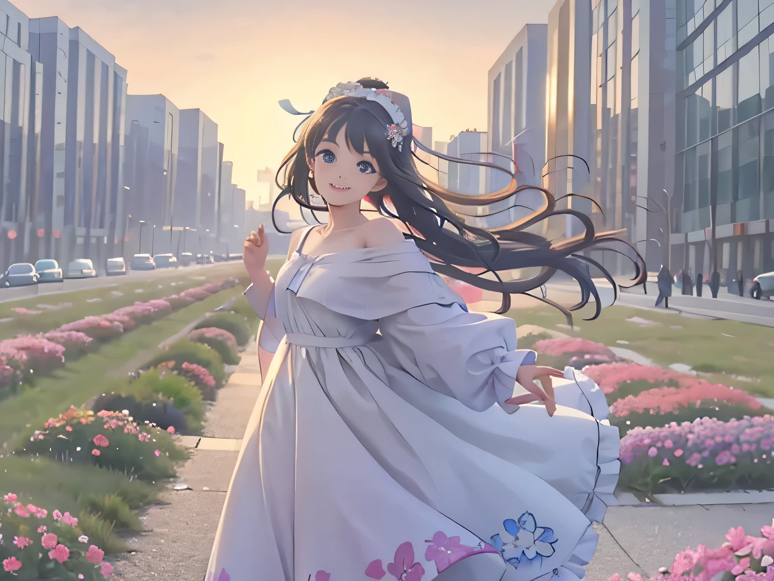 high detail,8k resolution,ultra high resolution,A young girl, a cute girl,Rainbow glitter long hair braids,colorful clear eyes,Wearing colorful flowers on the head,(smooth hair,clavicle,Exquisite and perfect facial features, The most beautiful big eyes,long eyelashes,The eyes are sweet and there are lying silkworms,Smile,The face is very clear,completely,dynamic angle,Ultimate picture quality,highest precision,Precise and perfect human anatomy,off white,Garment fabrics, cotton,hair accessories,panoramic,Full body image,Dance in the ancient town,positive、Lively