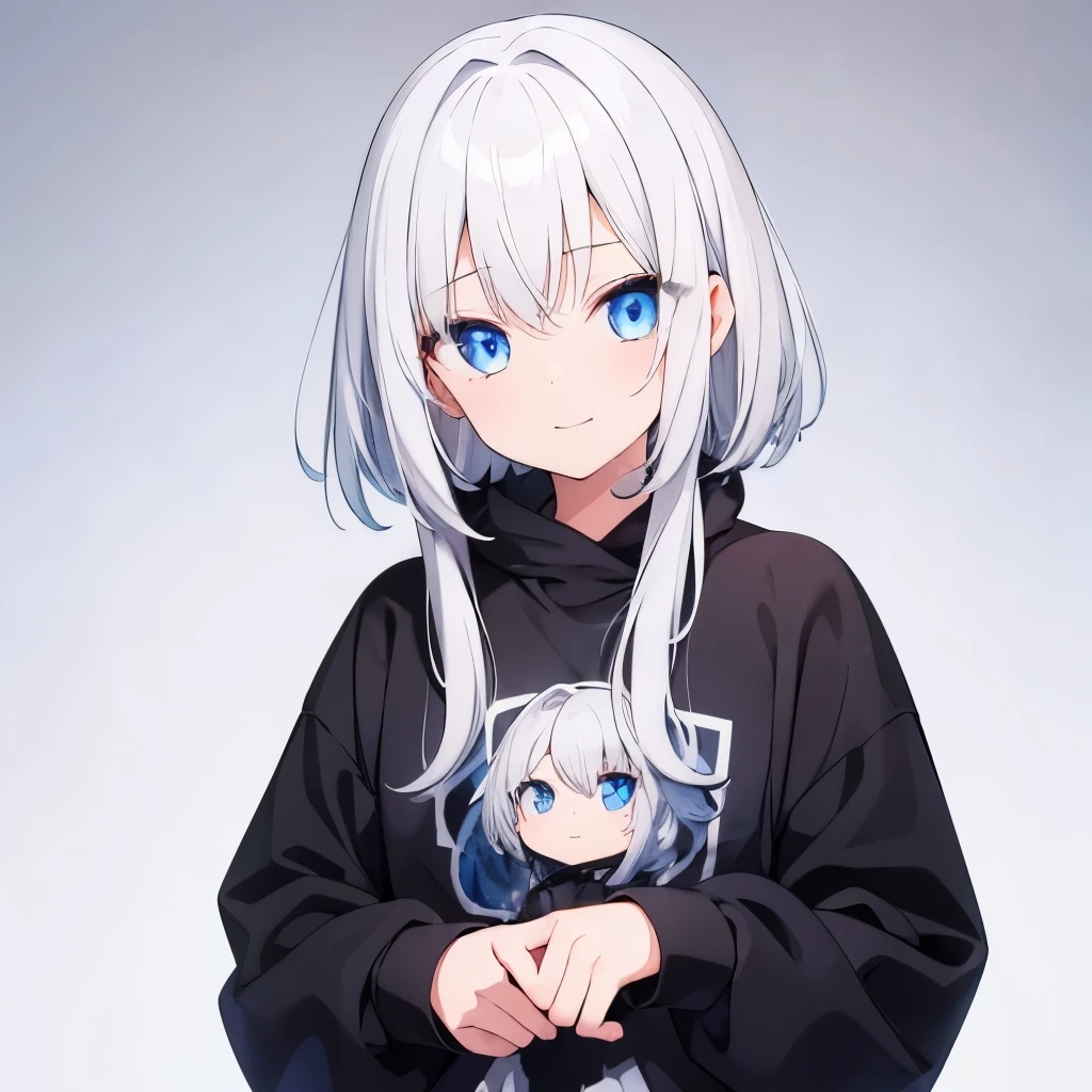 13 year old girl, White hair, crystal blue eyes, gentle smile, wearing a black sweatshirt and grey sweatpants, shadows all over the background