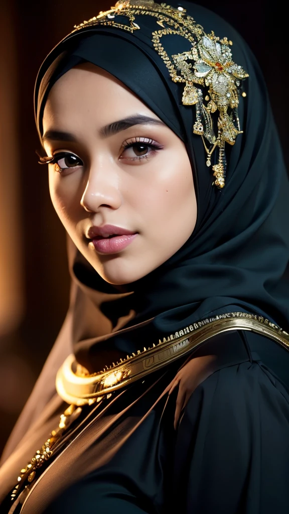 (Masterpiece, beautiful Malay woman in hijab with large decorated headscarf),
(Masterpiece, 1.2 photorealistic, best quality, 8k, ultra high definition),
(Medium shot, 1girl, wearing traditional hijab with oversized decorative design),
(Beautiful, elegant, delicate, detailed, intricately patterned hijab scarf),
(Striking pose, radiant smile, perfectly proportioned body, hinting traditional Malay attire underneath),
(Soft lighting, dramatic contrast, capturing the essence of the woman's beauty and grace),
(Sharp focus, vibrant colors, raw, best quality, high resolution image