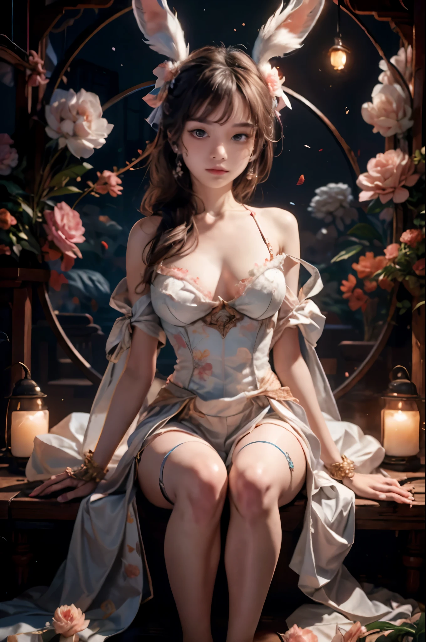 female, ((masterpiece, best quality, ultra detailed, absurdres), solo, short hair, breasts, looking at viewer, hime cut, ringed eyes, skirt,gradient hair, raibow hair,bow, cleavage, medium breasts, full body, short sleeves, socks, belt, black footwear, mole, sneakers, lips, maid, maid headdress , bed,hornsgirl, horns, wings, from_side, taking off shirt, open shirt, from above