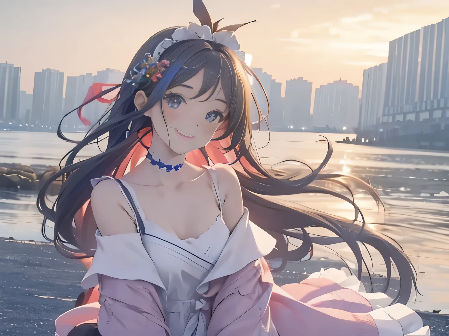 high detail,8k resolution,ultra high resolution,A young girl, a cute girl,Rainbow glitter long hair braids,colorful clear eyes,Wearing colorful flowers on the head,(smooth hair,clavicle,Exquisite and perfect facial features, The most beautiful big eyes,long eyelashes,The eyes are sweet and there are lying silkworms,Smile,The face is very clear,completely,dynamic angle,Ultimate picture quality,highest precision,Precise and perfect human anatomy,off white,Garment fabrics, cotton,hair accessories,panoramic,Full body image,Dance in the ancient town,positive、Lively