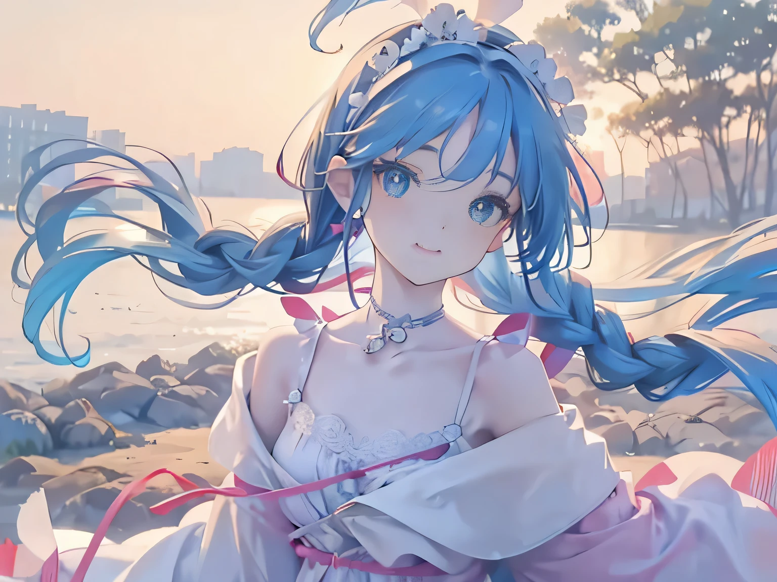 high detail,8k resolution,ultra high resolution,A young girl, a cute girl,Rainbow glitter long hair braids,colorful clear eyes,Wearing colorful flowers on the head,(smooth hair,clavicle,Exquisite and perfect facial features, The most beautiful big eyes,long eyelashes,The eyes are sweet and there are lying silkworms,Smile,The face is very clear,completely,dynamic angle,Ultimate picture quality,highest precision,Precise and perfect human anatomy,off white,Garment fabrics, cotton,hair accessories,panoramic,Full body image,Dance in the ancient town,positive、Lively