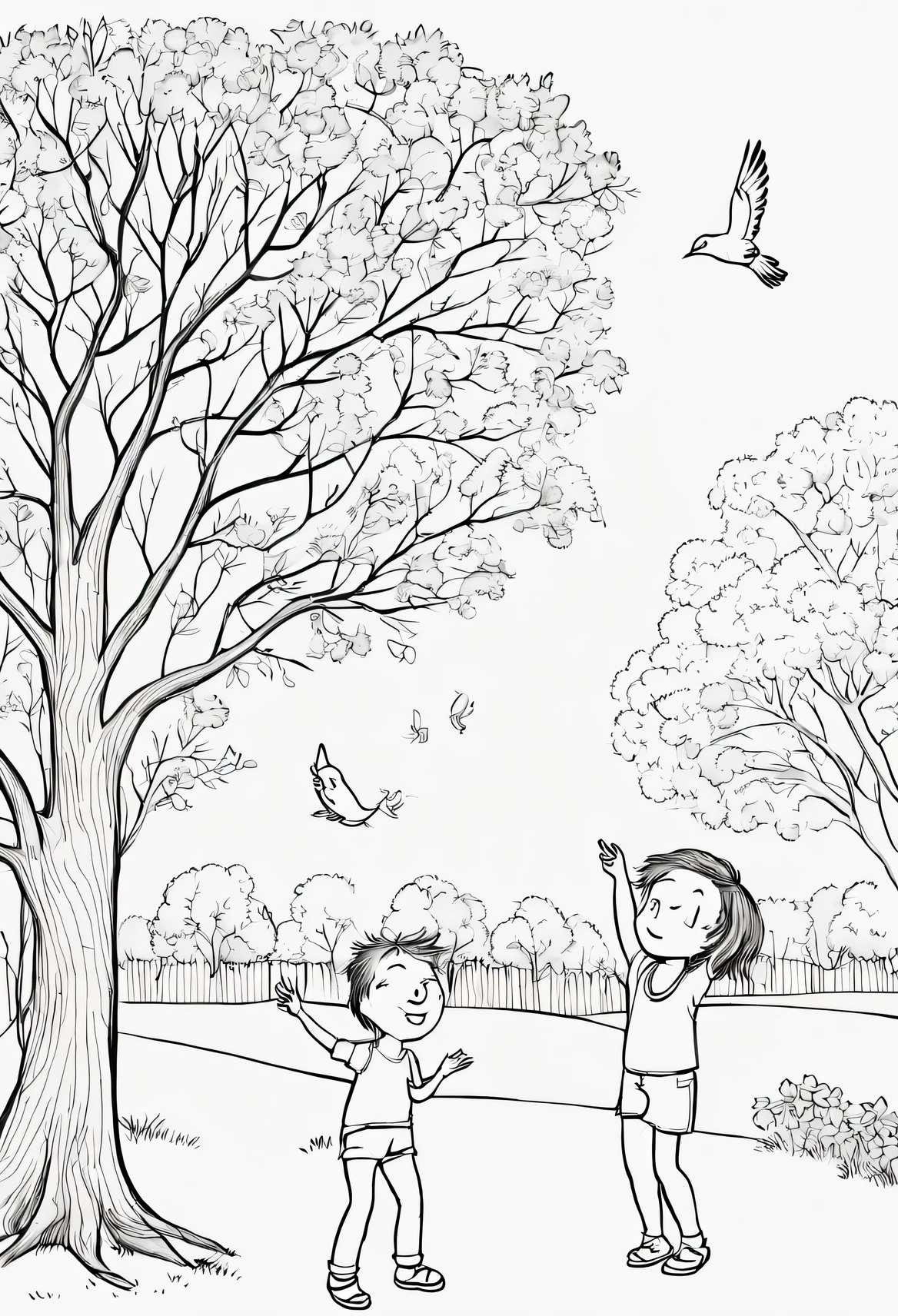 black and white, line art, coloring drawing of a cuckoo bird singing in a tree and ??? dancing under that tree in a park,some blank space for 6 line poem,side flowers ,white background, thick outlines