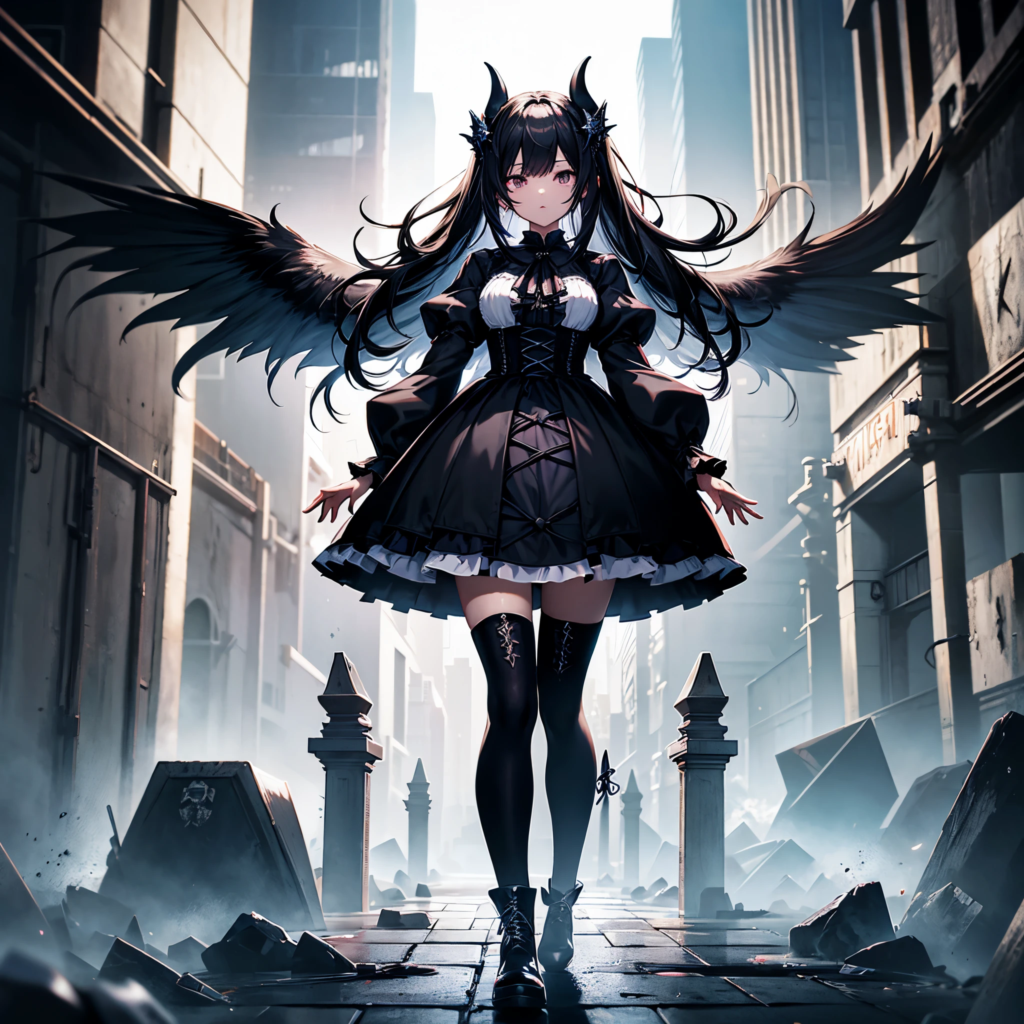 black hair,4 arms,horror,ラスboss,Po,enemy,female,devil,Gothic Lolita,boss,black tights,boots,Super high quality,masterpiece,super high quality,ultra high resolution,Highest image quality,superlative,highest quality,highest resolution,high quality,beautiful,beautiful,High quality,realな質感,real,8K,detailed,