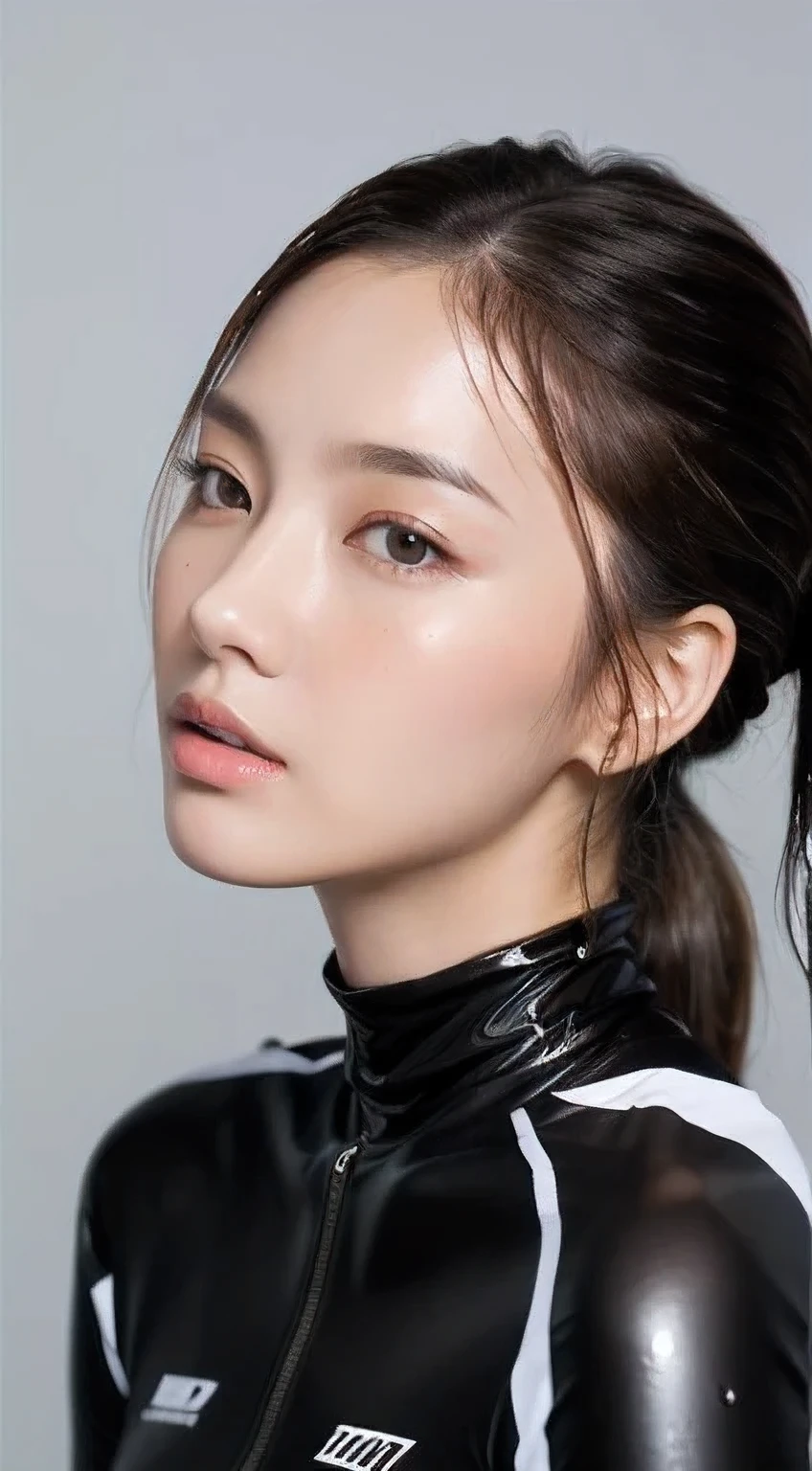 (top-quality)、A Japanese Lady、1girl in、A sexy:1.1、dark brown hair:1.1、(poneyTail、a wet body:1.3)、The sheen、White Tank top、hyperdetailed face、Detailed lips、A detailed eye、Angle from below