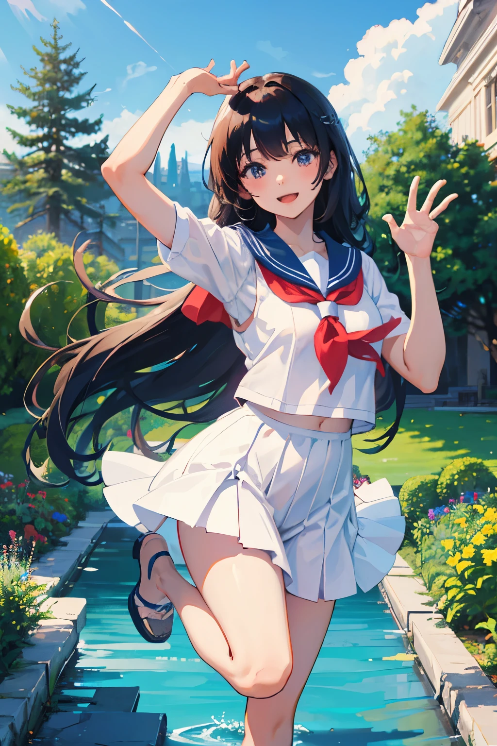 大学をgraduationして嬉しい、woman、sailor suit、graduation、black long hair、jump、smile、garden、raise your hand
