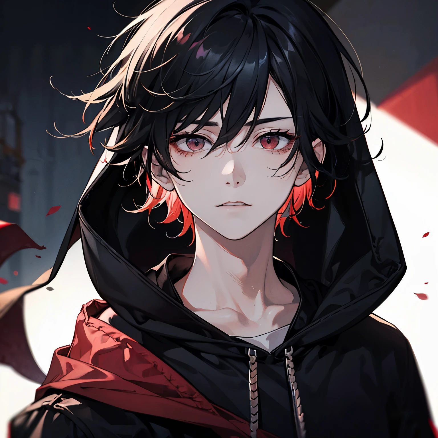 Within the ruin of darkness, a man with dark black hair, wearing a hood, had a black seal-like tattoo on his cheek