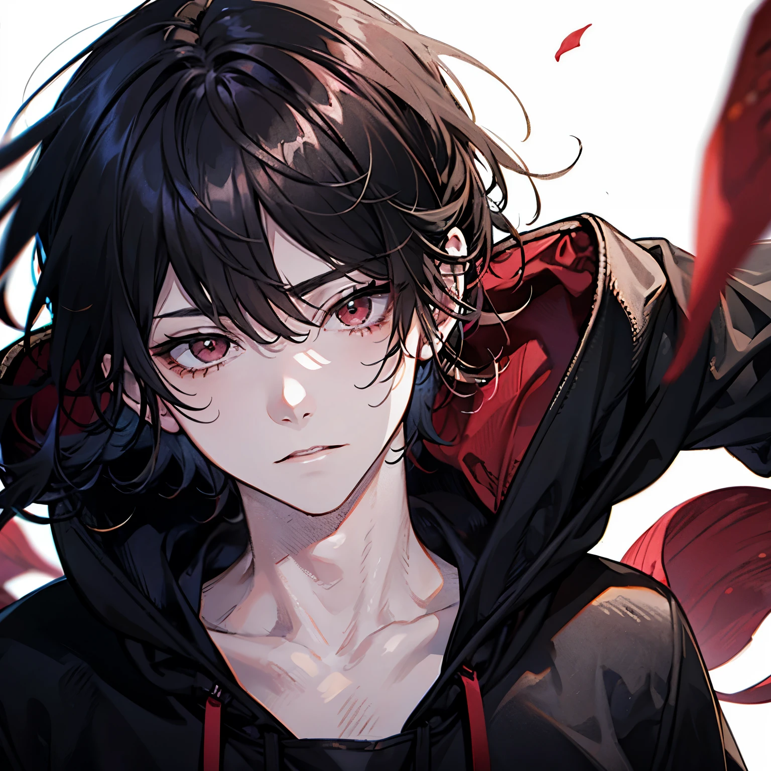  a boy with black hair and red eyes. messy hair. staring blankly. wearing a black hoodie. (Close-up:1.1) 