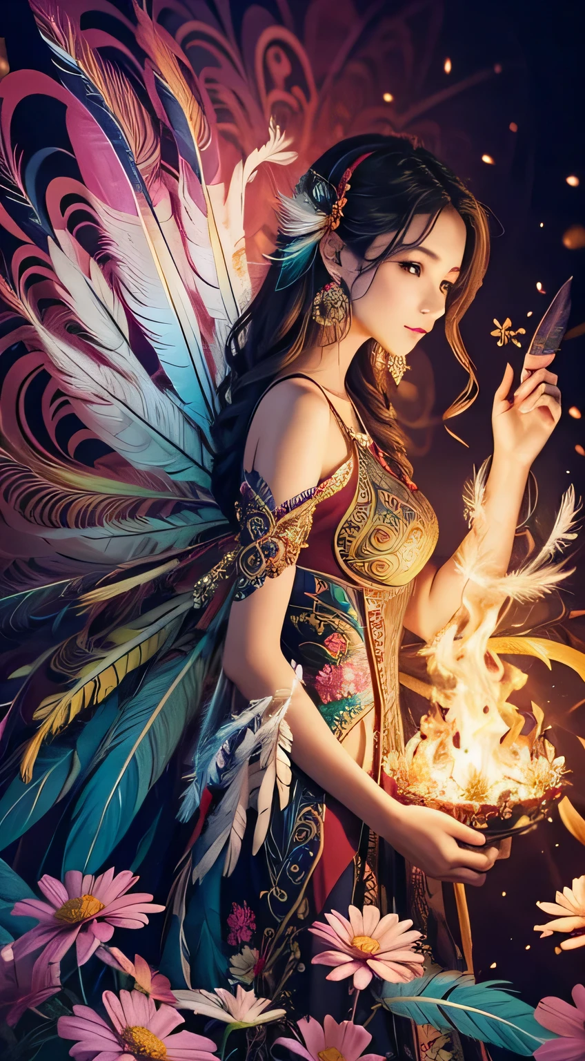 (masterpiece, top quality, best quality, official art, beautiful and aesthetic:1.2), (1girl:1.3), ((medium shot)), extremely detailed,(fractal art:1.1),(colorful:1.1)(flowers:1.3),highest detailed,(zentangle:1.2), (dynamic pose), (abstract background:1.3), (shiny skin), (many colors:1.4), ,(earrings), (feathers:1.5) , (Flamethrower:1.3),multi-fractals background,Phoenix dress,