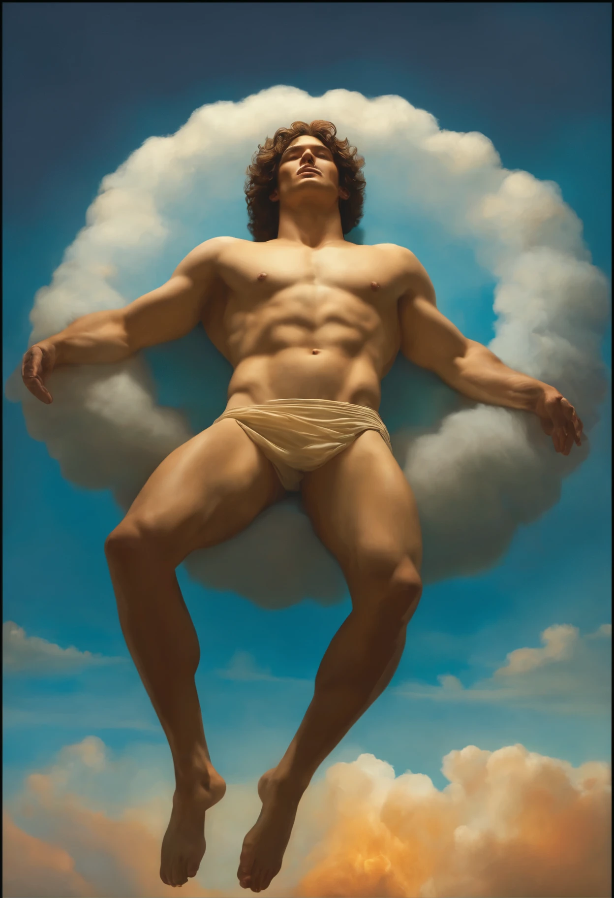 Crea una imagen del dios Apolo de la belleza, a man lying on a cloud with a perfect physique and perfect proportions