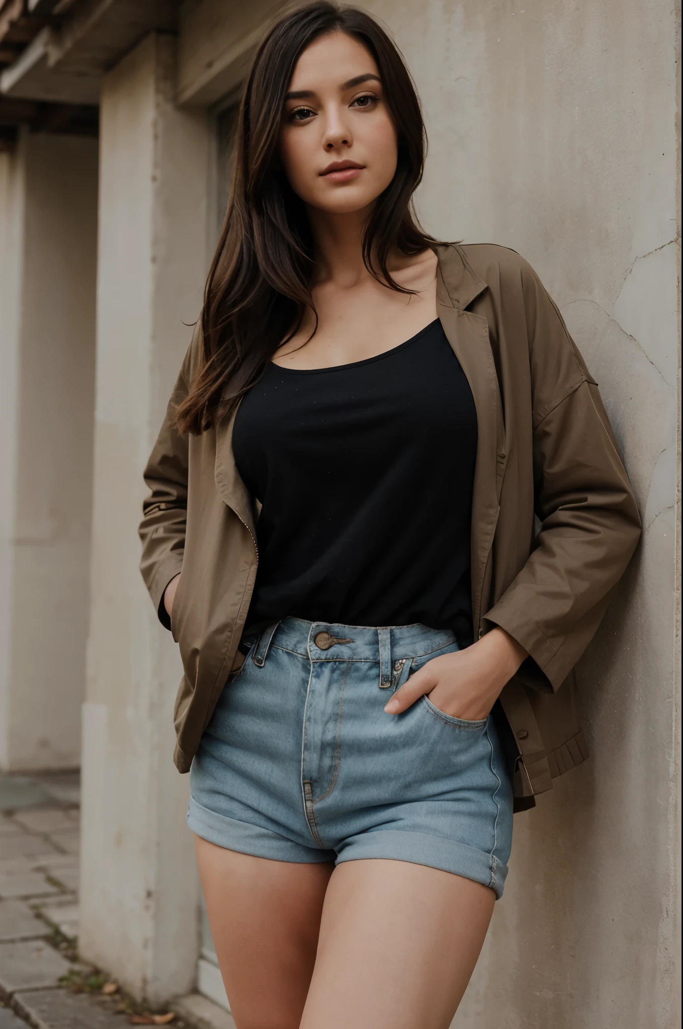 A portrait of a Burnette woman standing hand in pockets, wearing sexy clothing