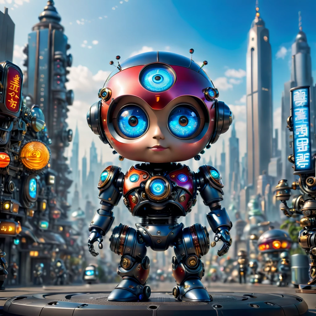 Pixar style，(Blind box toy style:1.2)，(full-body shot)，Imagine a world where mechanical puppets not only exist but are filled with undeniable charm。A small and complex mechanical puppe gears and joints are cleverly hidden beneath a coat of smooth metallic paint，在环境light的柔和光芒下闪闪发光。Although this puppet is mechanical，But with the warmth of life，Its glass eyes sparkle with curiosity。it stands in a futuristic cityscape，Neon lights bathe the streets in bright colors，Towering skyscrapers on the horizon cast long shadows。Its design mimics the high-tech armor of a futuristic law enforcer，But it has a touch of whimsy。its face is a digital screen，Showing emotional eyes and cute pixelated smile，Breaking the stereotype of callousness, (global illumination, Ray tracing, high dynamic range, Unreal rendering,Reasonable design, high detail, masterpiece, best quality, ultra high definition, light)，Chibi，locomotive，3d style