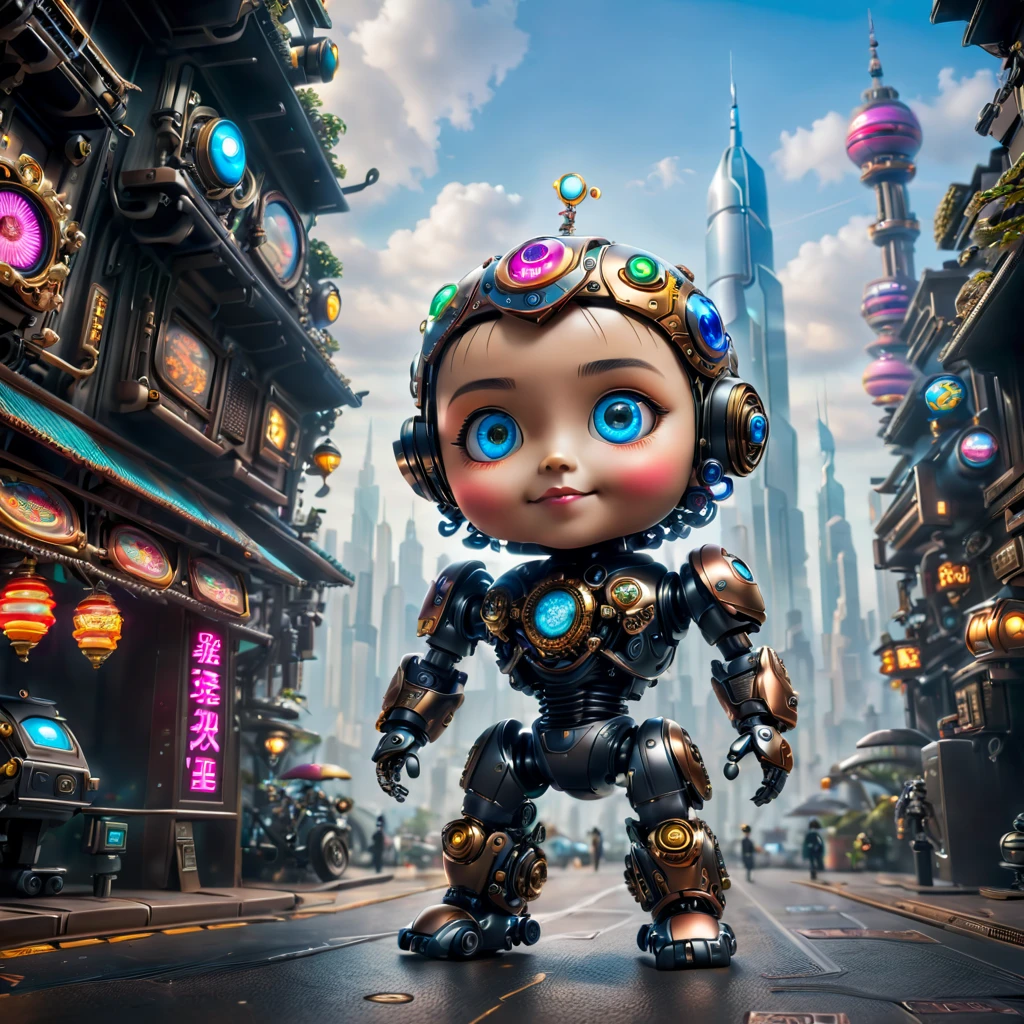 Pixar style,(Blind box toy style:1.2),(full-body shot),Imagine a world where mechanical puppets not only exist but are filled with undeniable charm。A small and complex mechanical puppe gears and joints are cleverly hidden beneath a coat of smooth metallic paint,在环境light的柔和光芒下闪闪发光。Although this puppet is mechanical,But with the warmth of life,Its glass eyes sparkle with curiosity。it stands in a futuristic cityscape,Neon lights bathe the streets in bright colors,Towering skyscrapers on the horizon cast long shadows。Its design mimics the high-tech armor of a futuristic law enforcer,But it has a touch of whimsy。its face is a digital screen,Showing emotional eyes and cute pixelated smile,Breaking the stereotype of callousness, (global illumination, Ray tracing, high dynamic range, Unreal rendering,Reasonable design, high detail, masterpiece, best quality, ultra high definition, light),Chibi,locomotive,3d style
