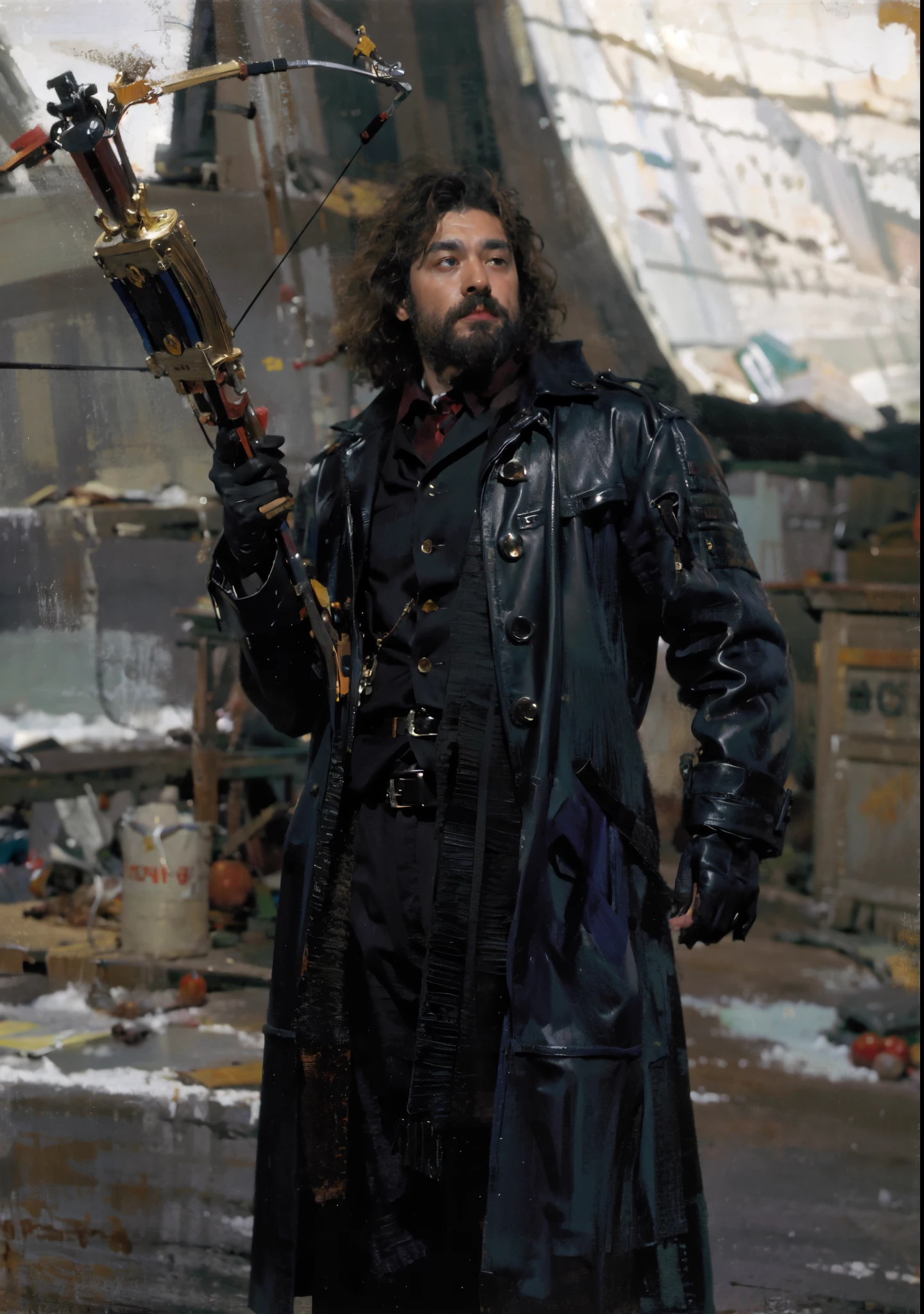 best quality,masterpiece,(painting:1.5),A hunter wearing black leather clothes in the middle world,Holding crossbow arrow in hand,hunter of middle earth,Black leather jacket,hunter in black,(Amy Sole:0.248),(Stanley Ategg Liu:0.106),(a detailed painting:0.353),(文艺复兴古典painting风格:0.8)